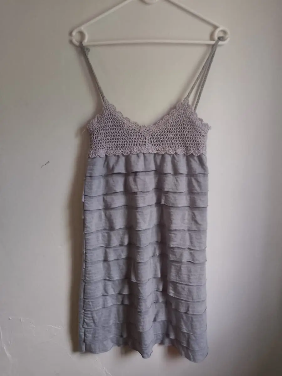 Meiqi Fashion Grey Crochet Lace Tiered Ruffle Cami Top / Mini Dress