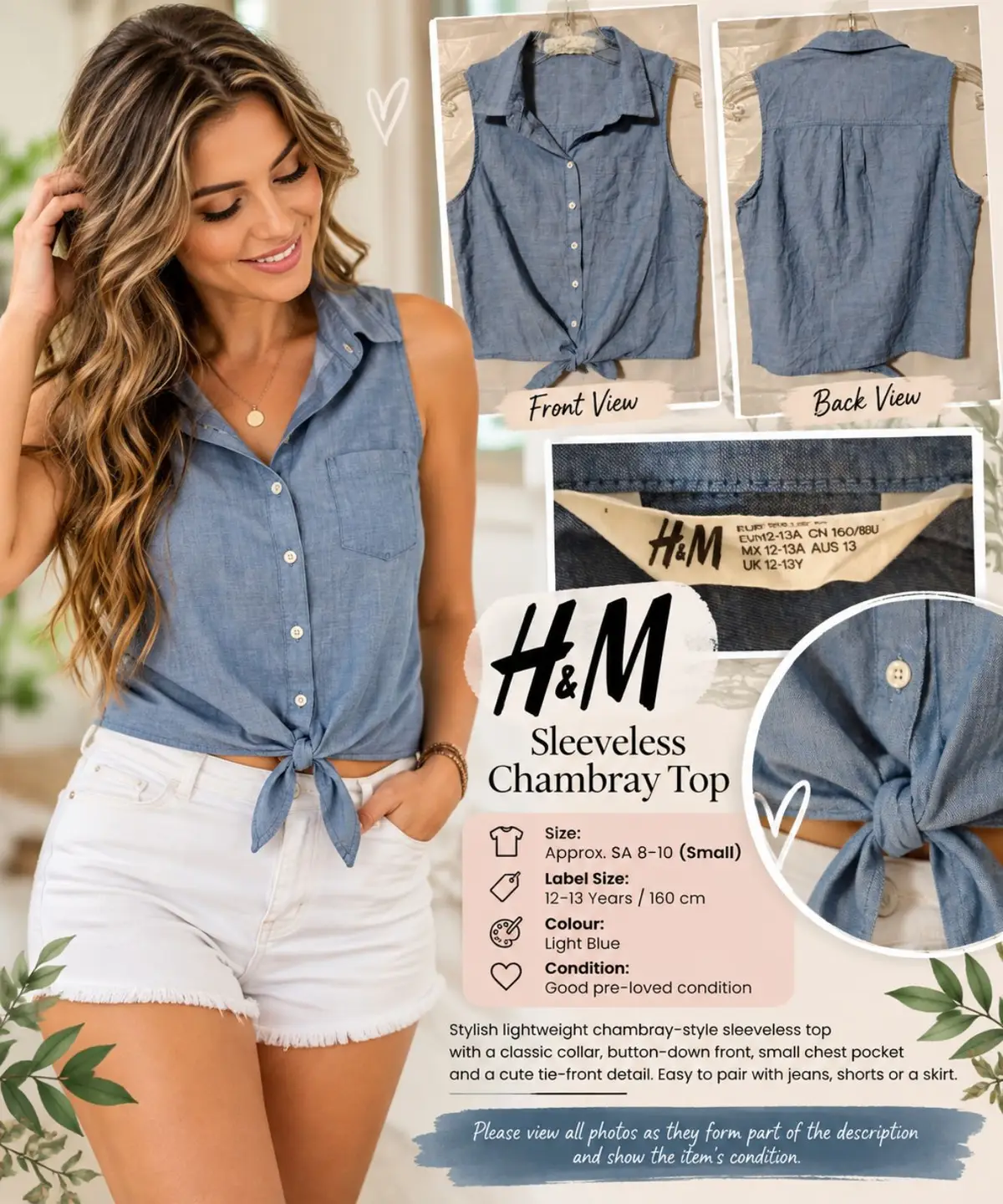 H&M Sleeveless Chambray Tie-Front Top