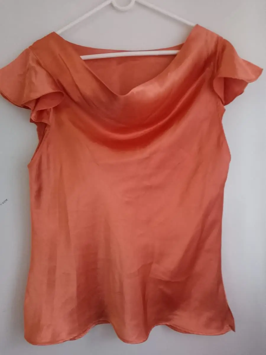 Burnt Orange Satin Cowl Neck Top with Ruffle Sleeves