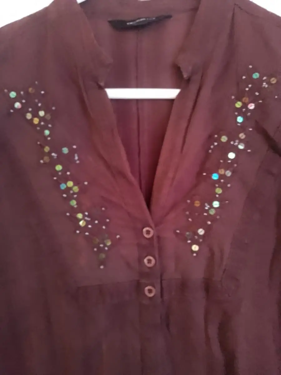 Chocolate Brown Sequin Embellished V-Neck Blouse (Size 38)