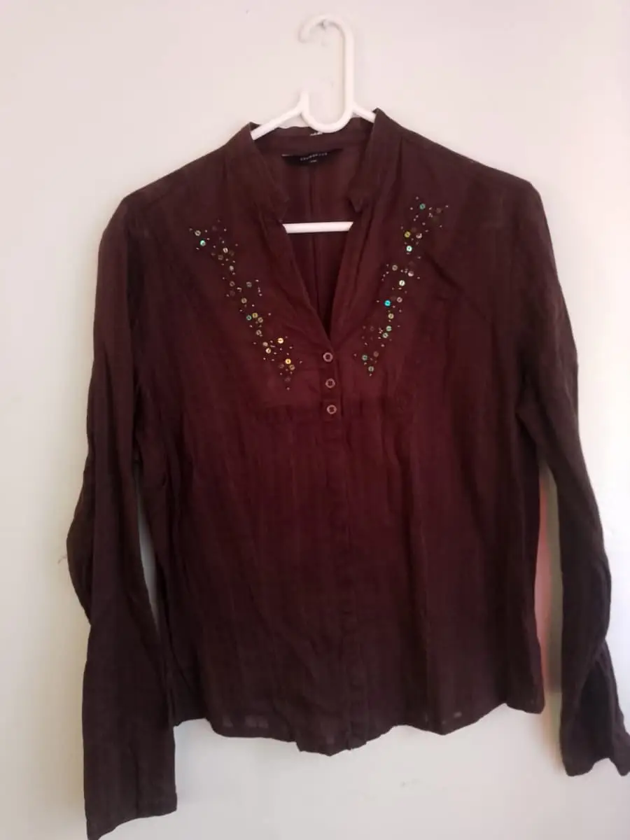 Chocolate Brown Sequin Embellished V-Neck Blouse (Size 38)