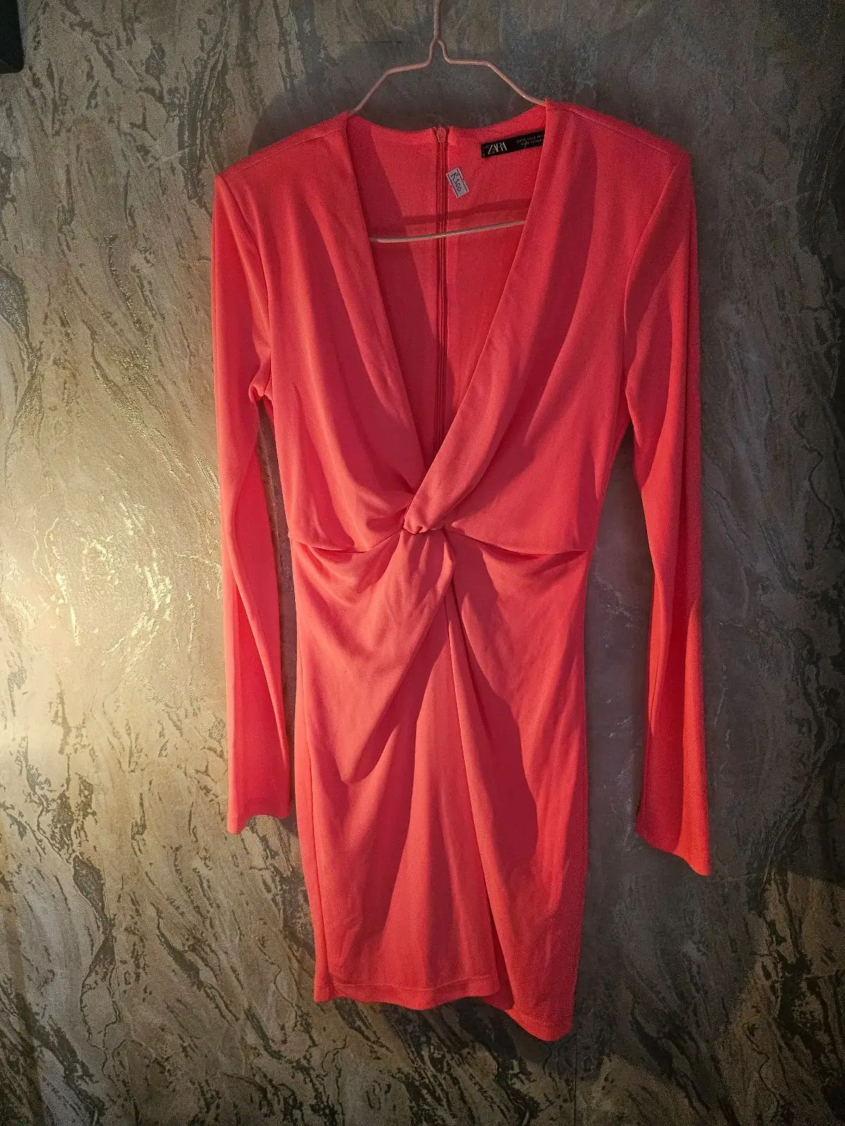 Zara Coral Pink Long Sleeve Knot Detail Dress