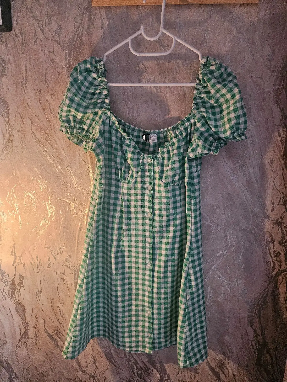 H&M Green Gingham Puff Sleeve Dress
