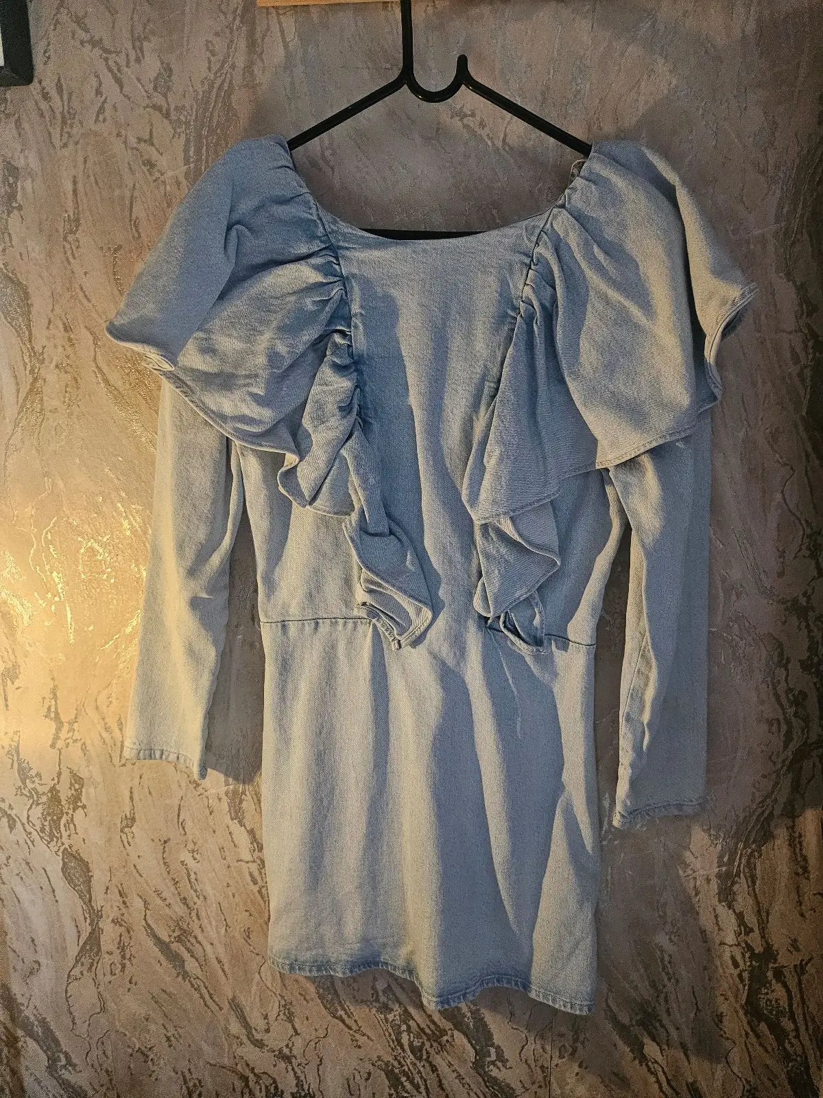 Zara Denim Ruffle Shoulder Dress