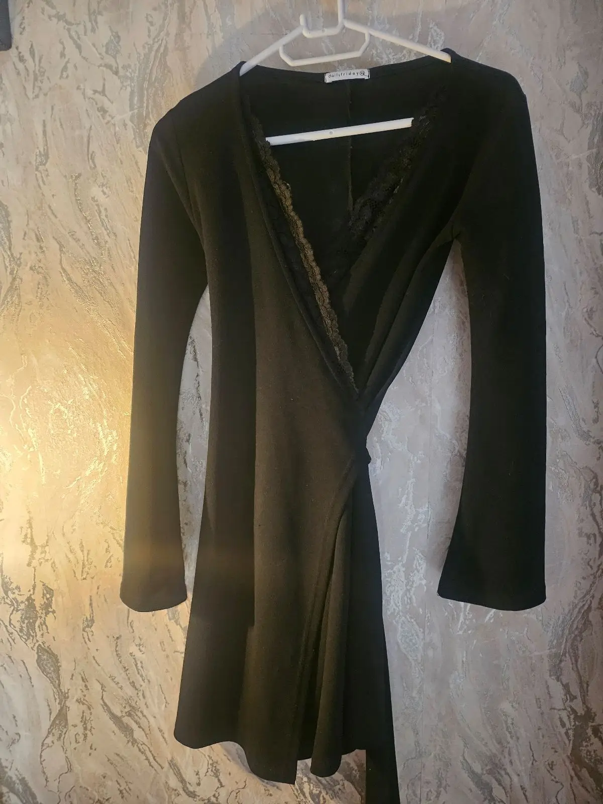 Daily Friday Black Wrap Dress with Lace Trim