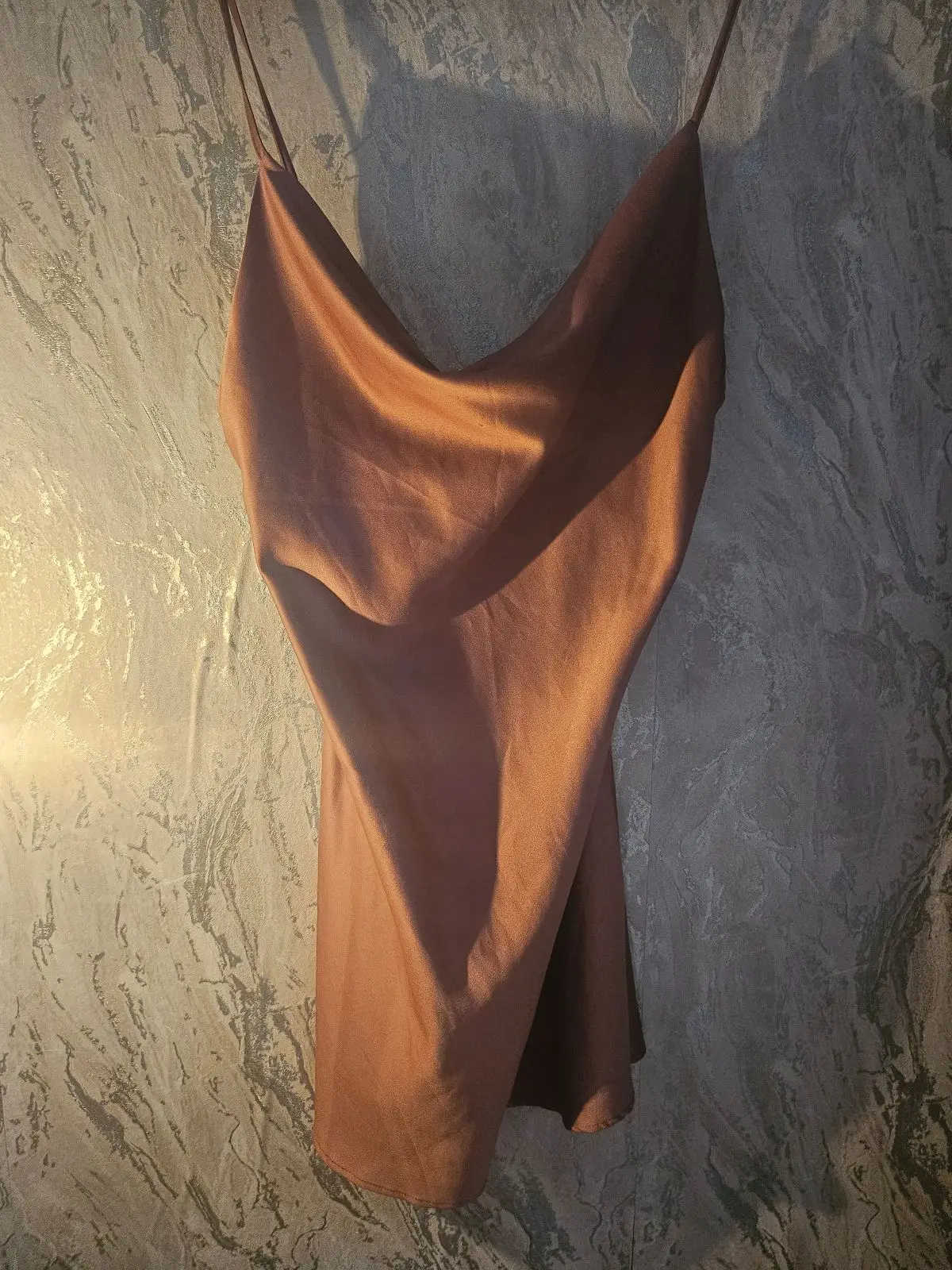 Brown Satin Cowl Neck Slip Dress