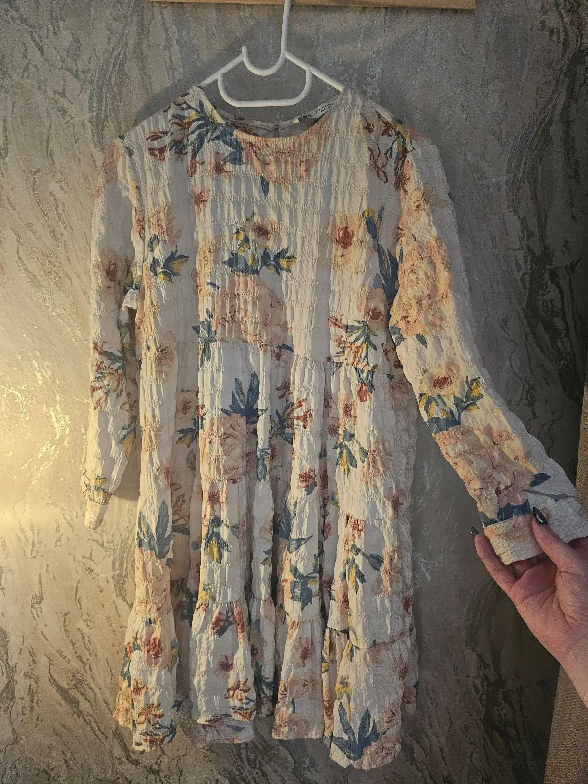 Zara Long-Sleeve Smocked Floral Midi Dress