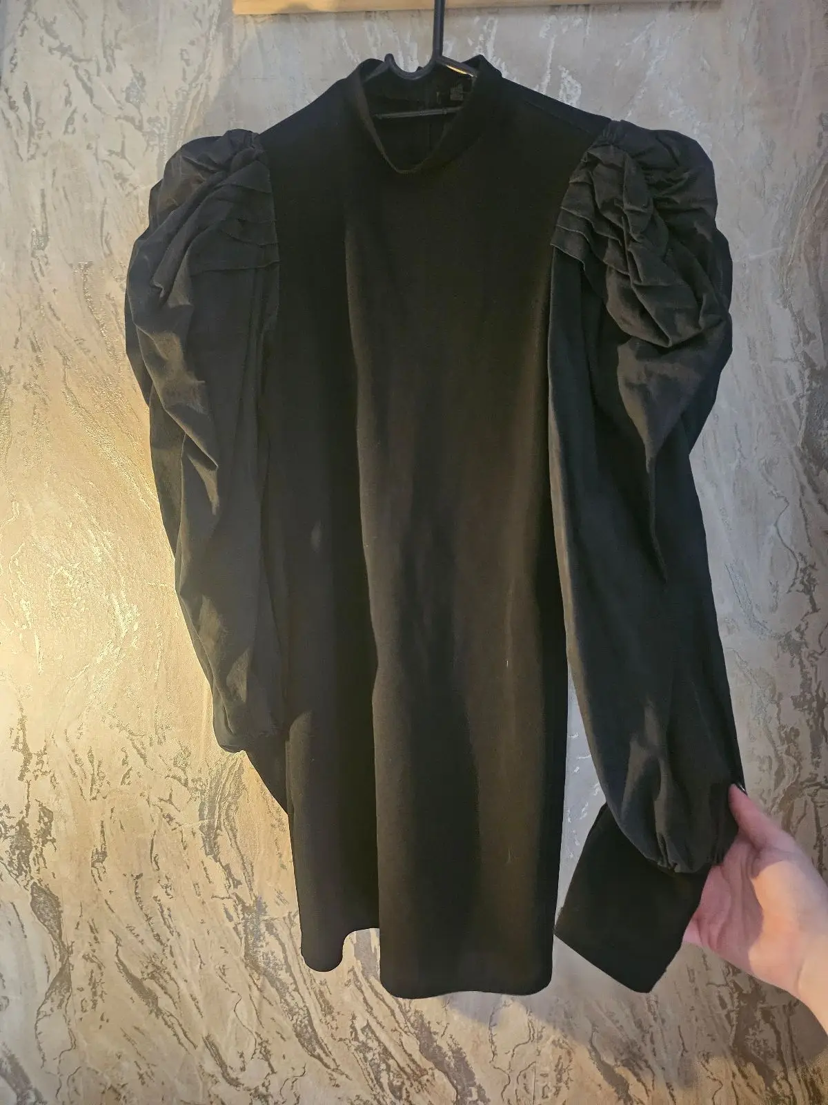 Black Long-Sleeve Dress with Puff Shoulders