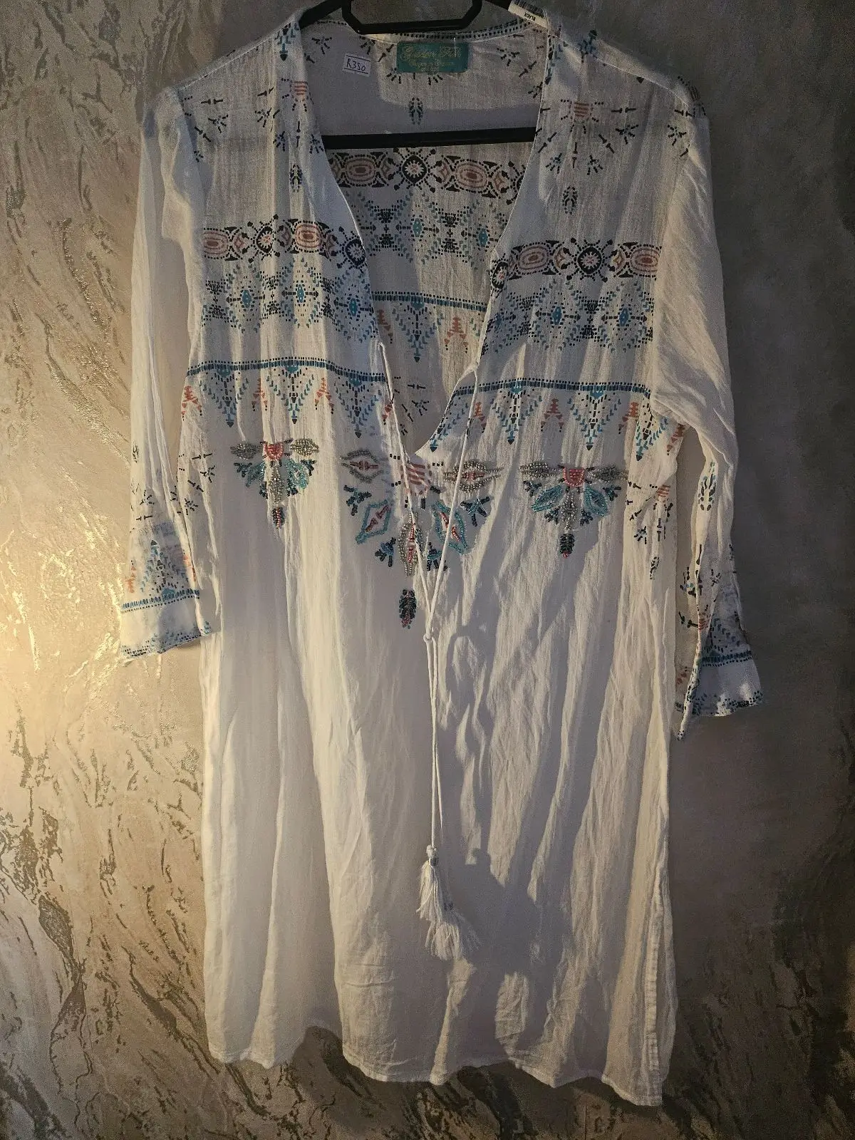 Golden Fish Embroidered White Tunic Dress