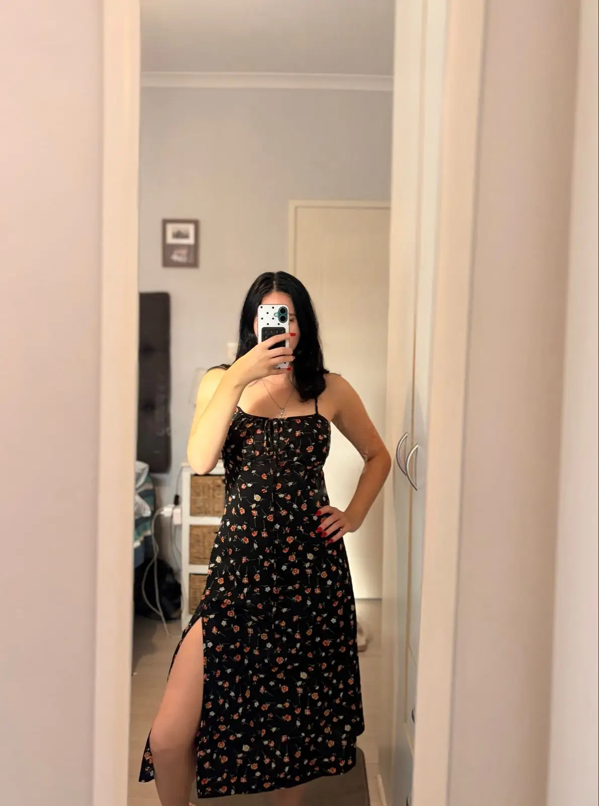 Black Floral Midi Dress with Side Slit