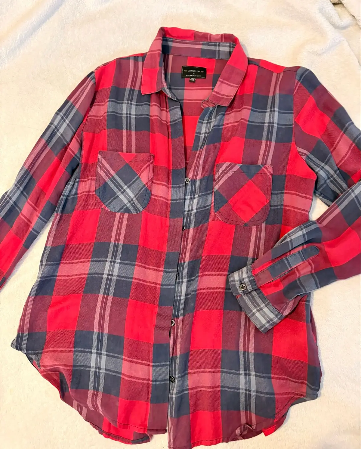 Cotton On Red and Grey Plaid Long Sleeve Shirt