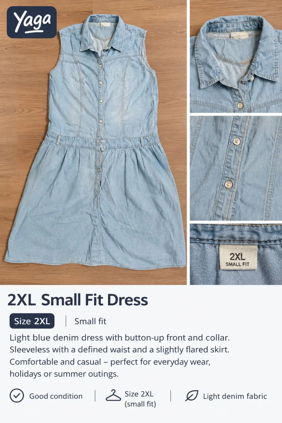 Light Blue Denim Button-Up Sleeveless Dress