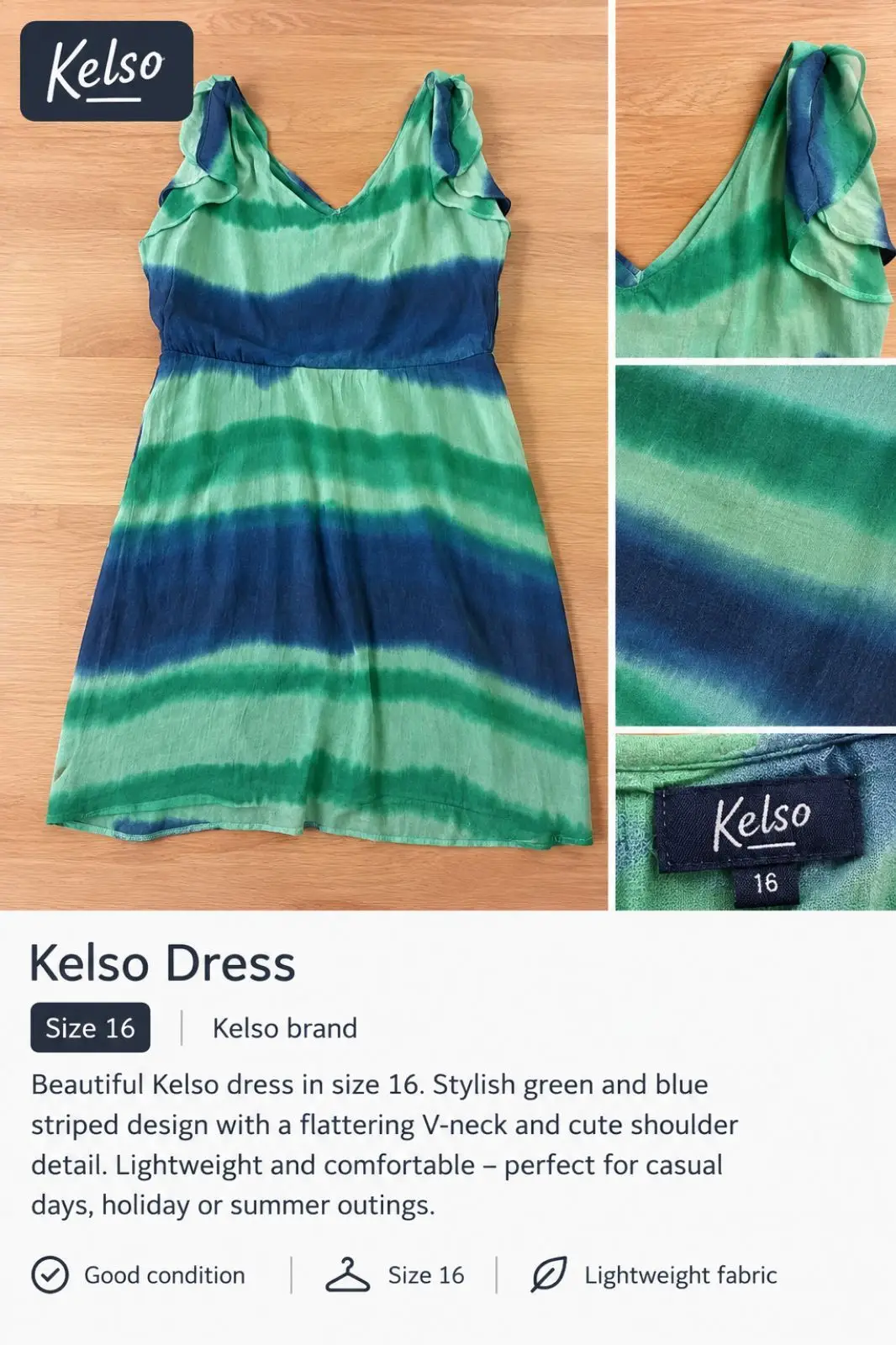Kelso Green and Blue Striped Dress Size 16
