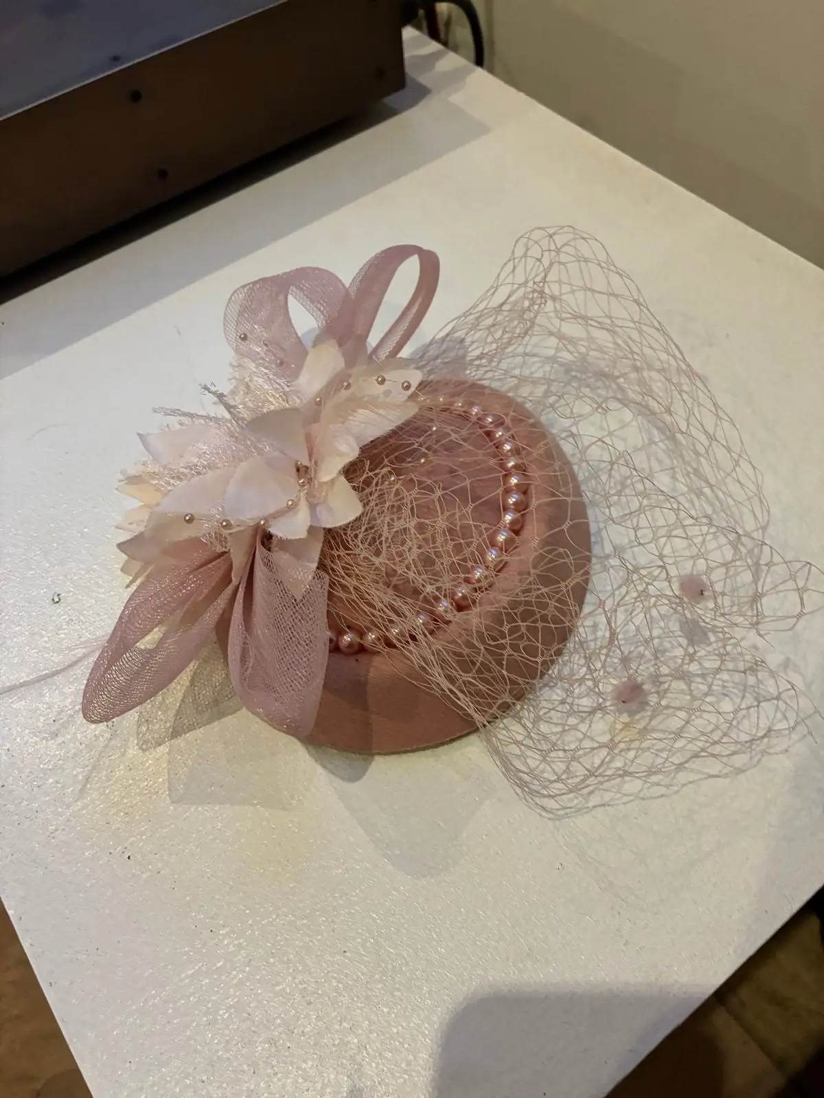 Pink Fascinator Hat with Netting and Pearls