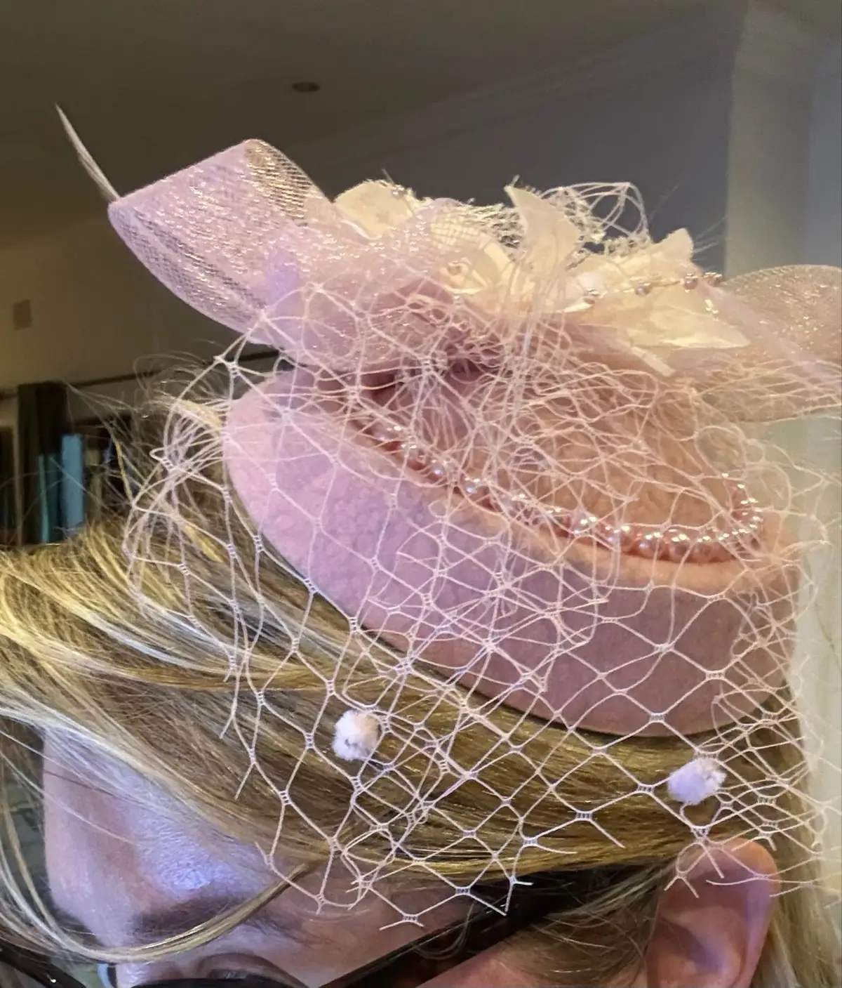 Pink Fascinator Hat with Netting and Pearls