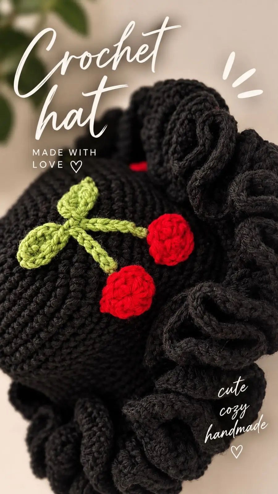 Handmade Black Crochet Cherry Hat