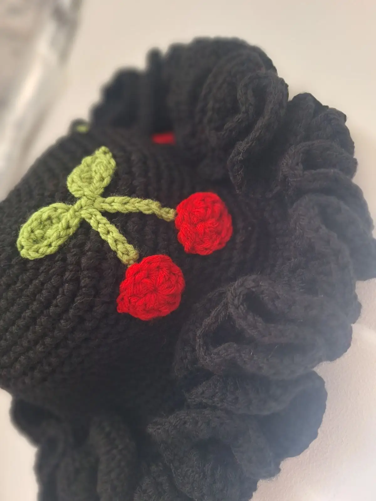 Handmade Black Crochet Cherry Hat
