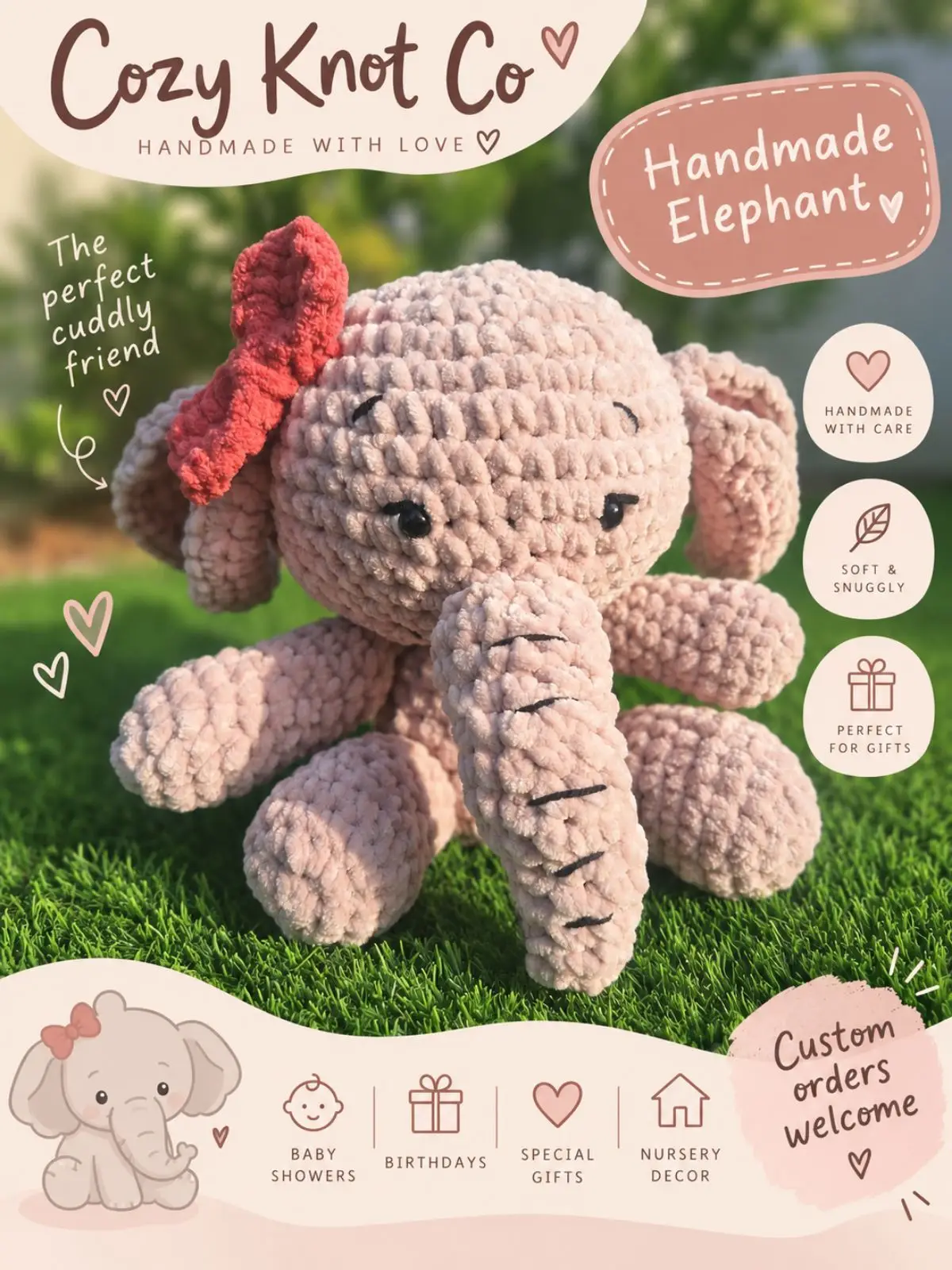 Cozy Knot Co Handmade Crochet Elephant Toy