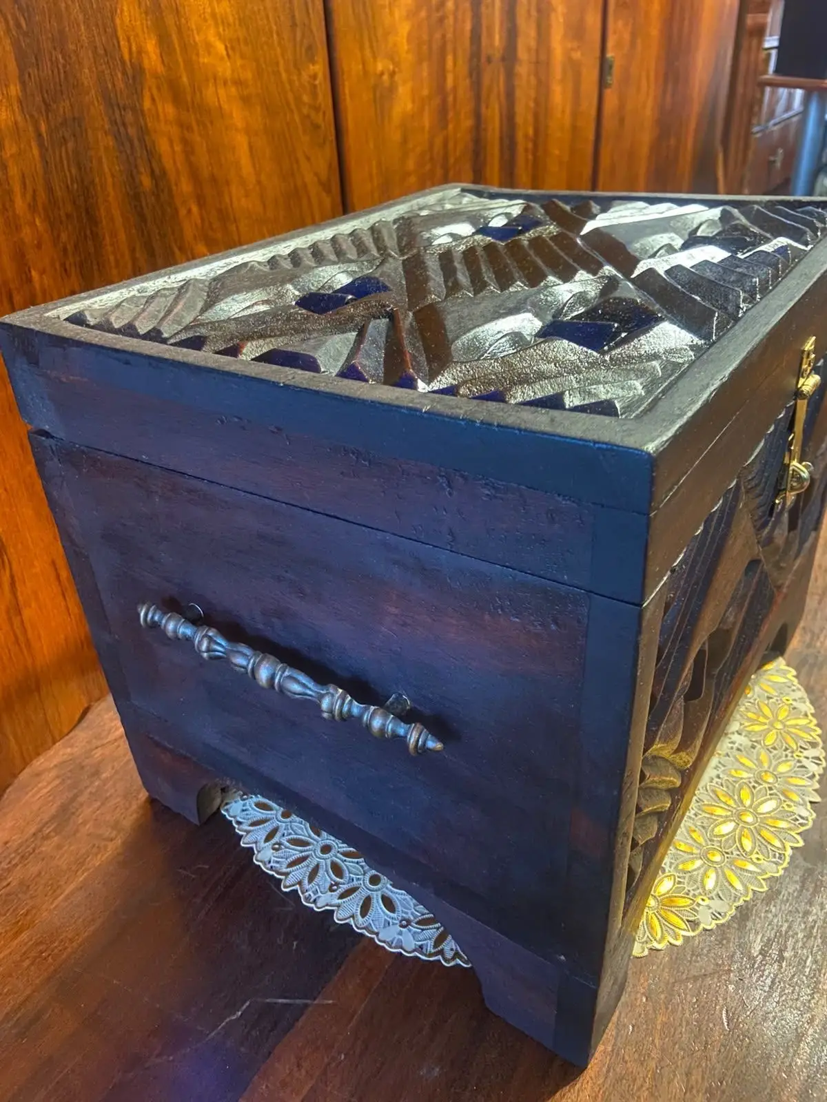 Hand-Carved Wooden Decorative Box with Mask Motifs