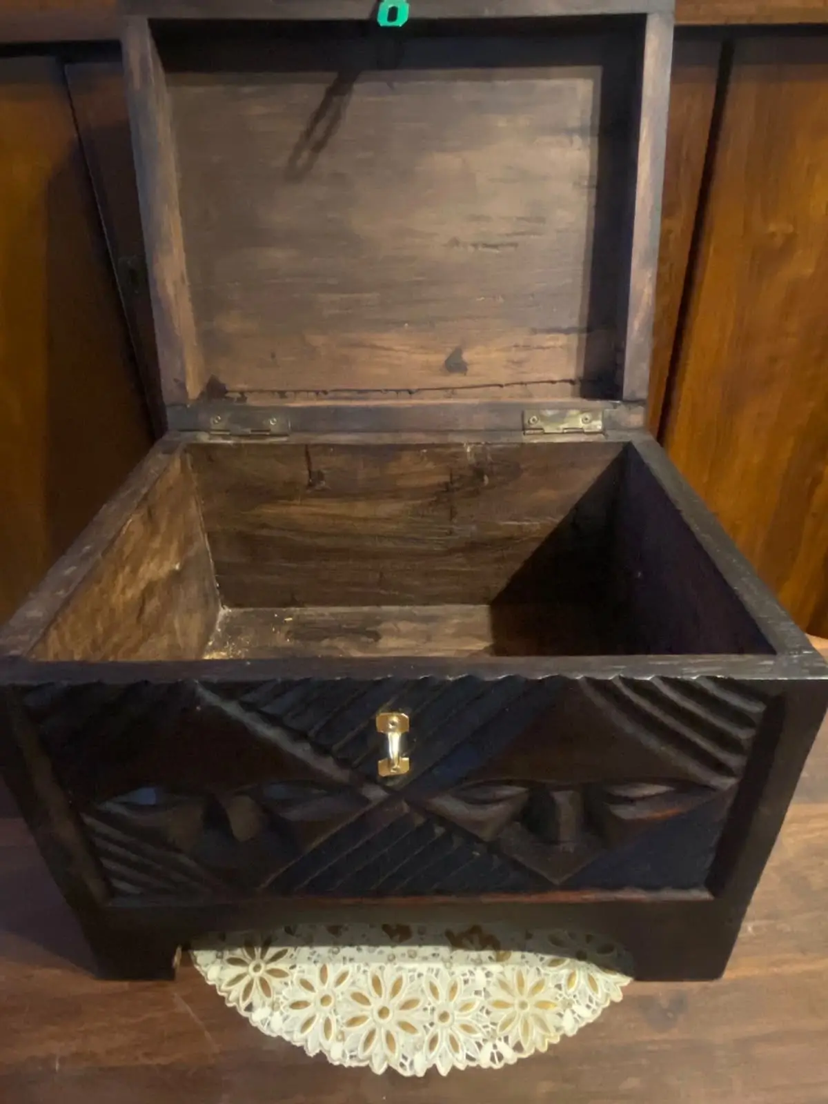 Hand-Carved Wooden Decorative Box with Mask Motifs