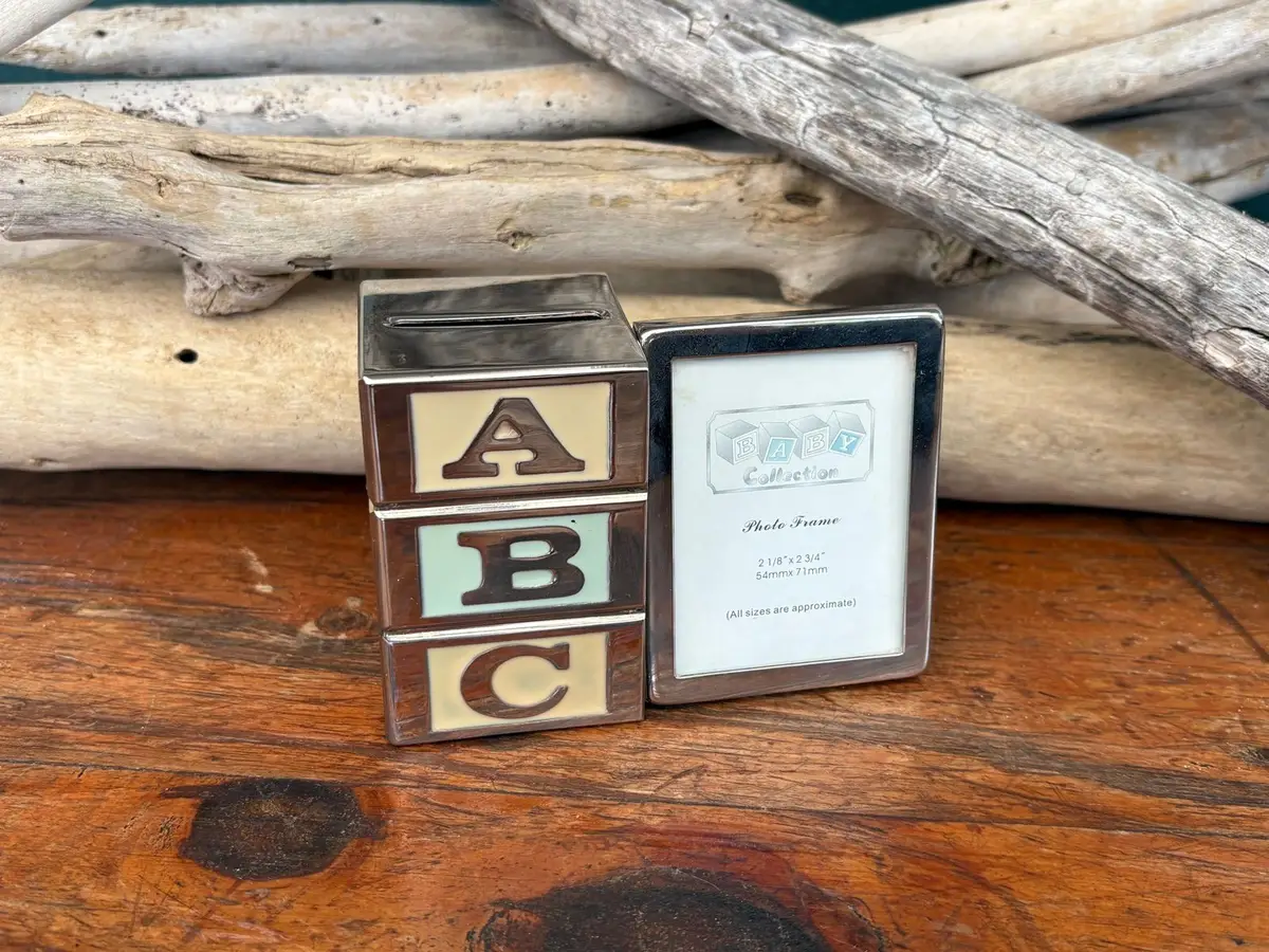 Silver-Plated ABC Block Money Bank and Photo Frame Set