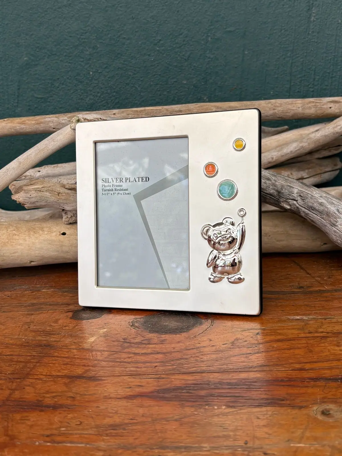Silver Plated Photo Frame with Teddy Bear Accent 3.5x5