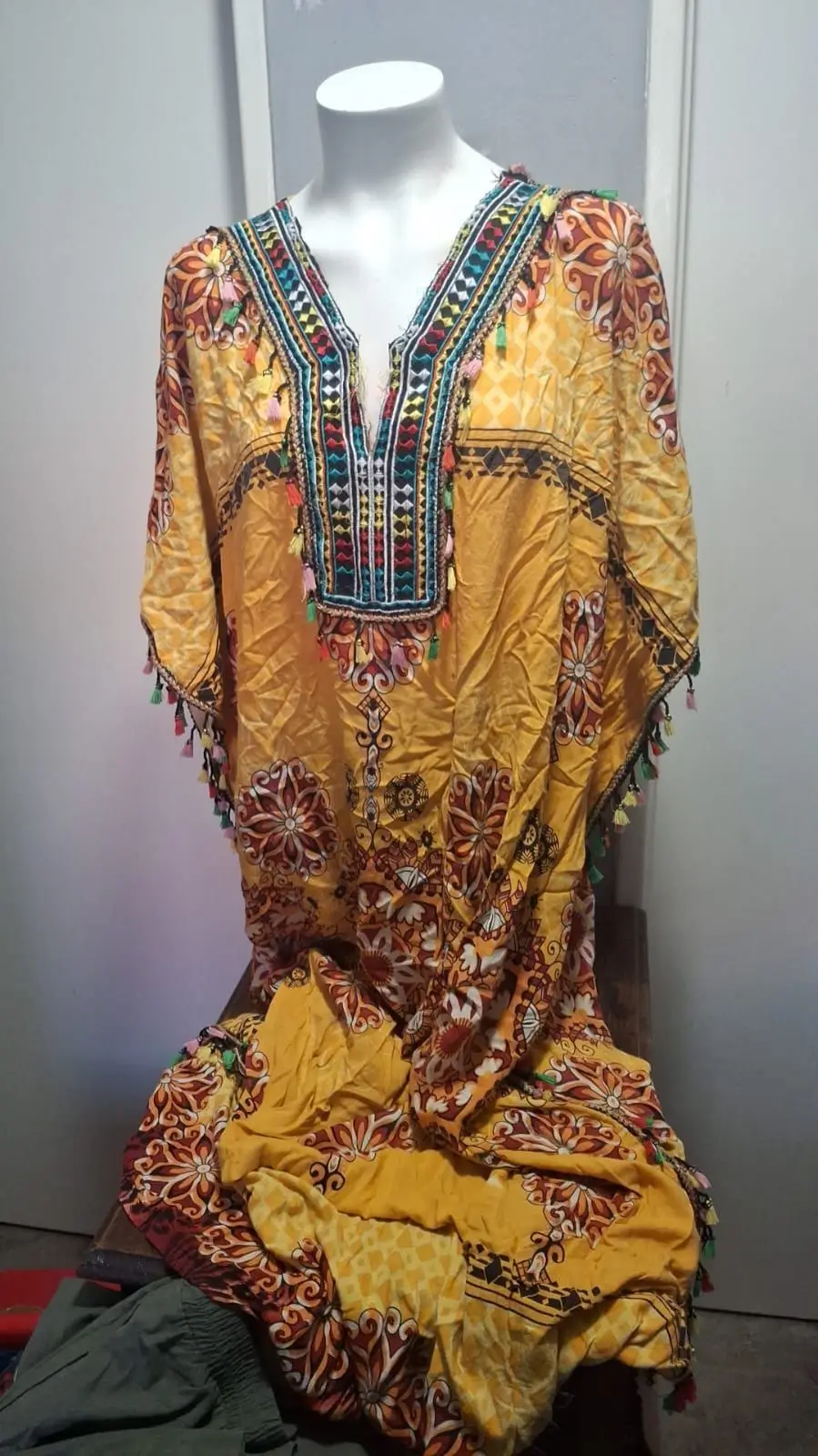 Yellow Patterned Tassel Kaftan Dress