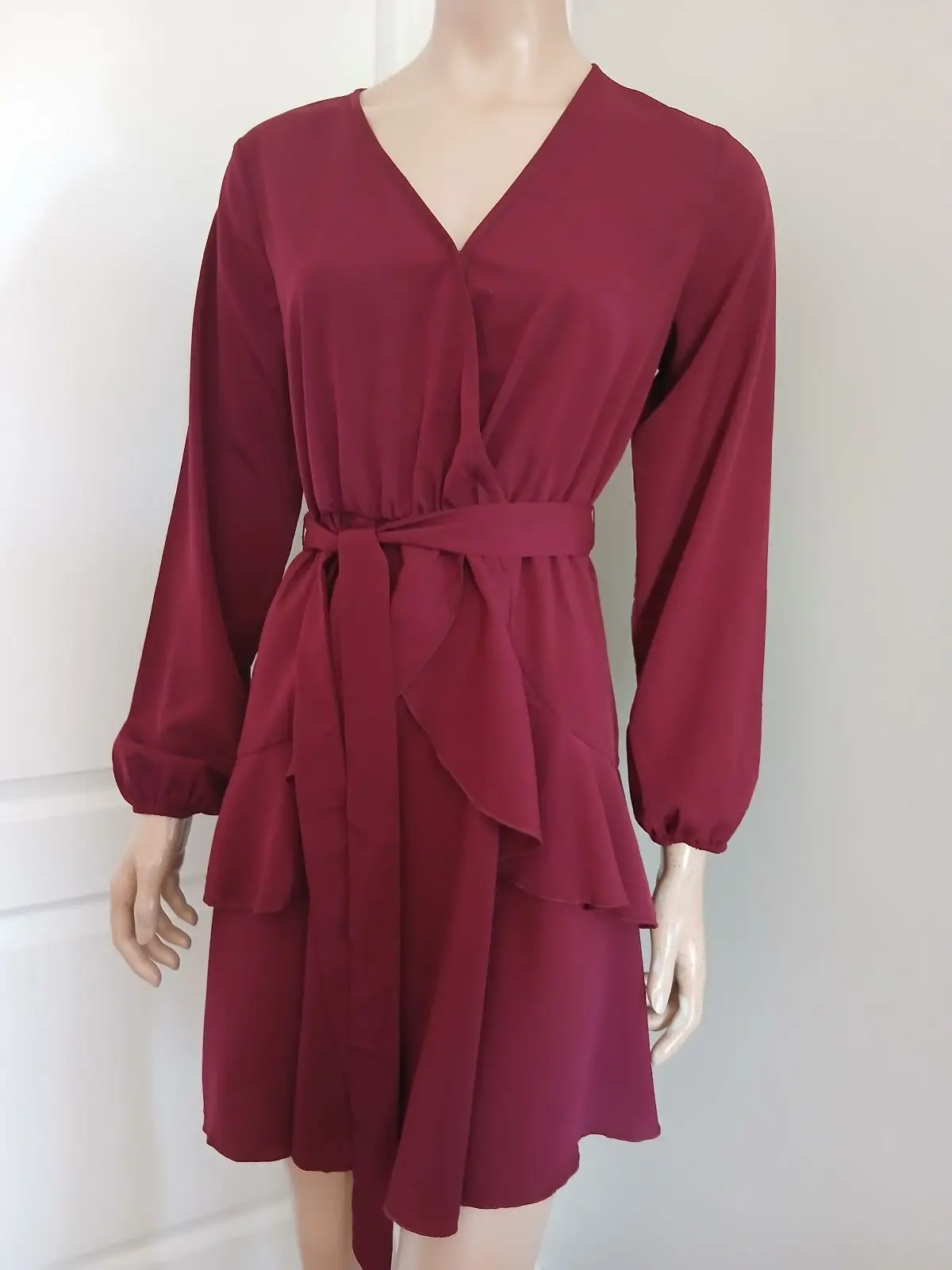 Maroon Long Sleeve Ruffle Wrap Dress