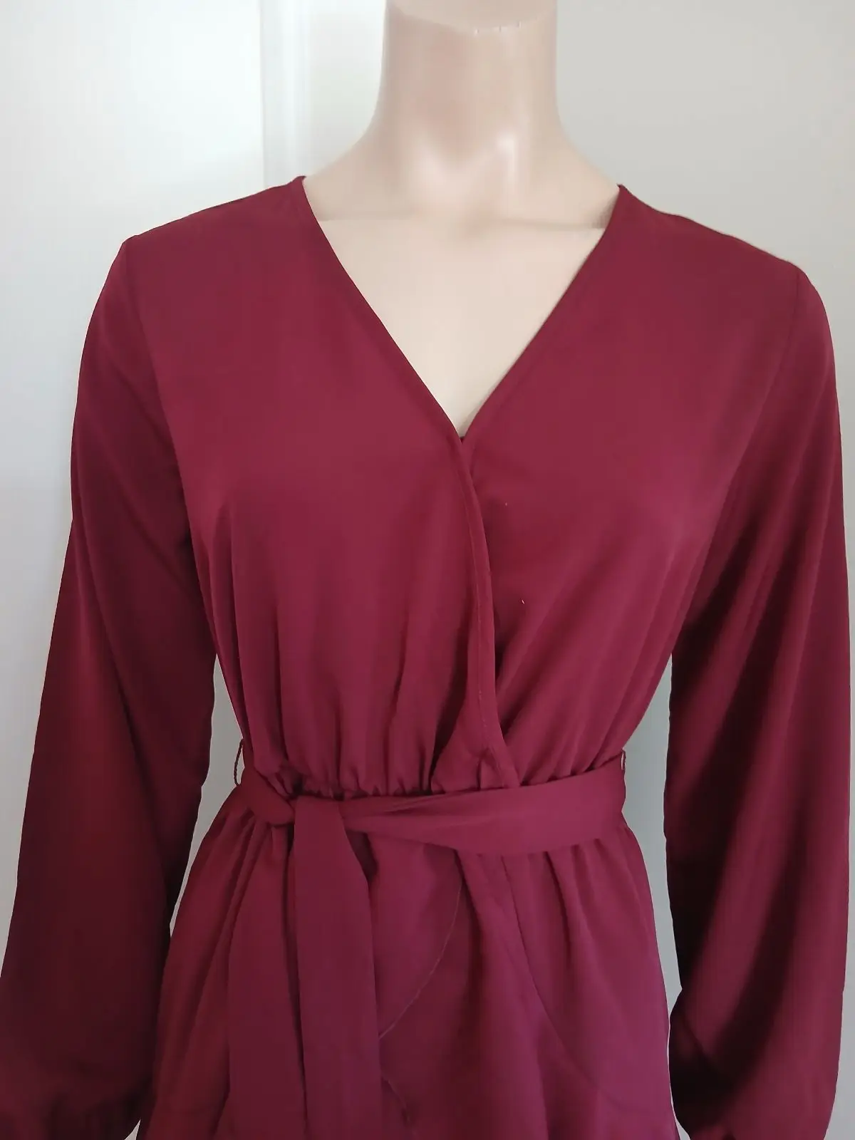 Maroon Long Sleeve Ruffle Wrap Dress