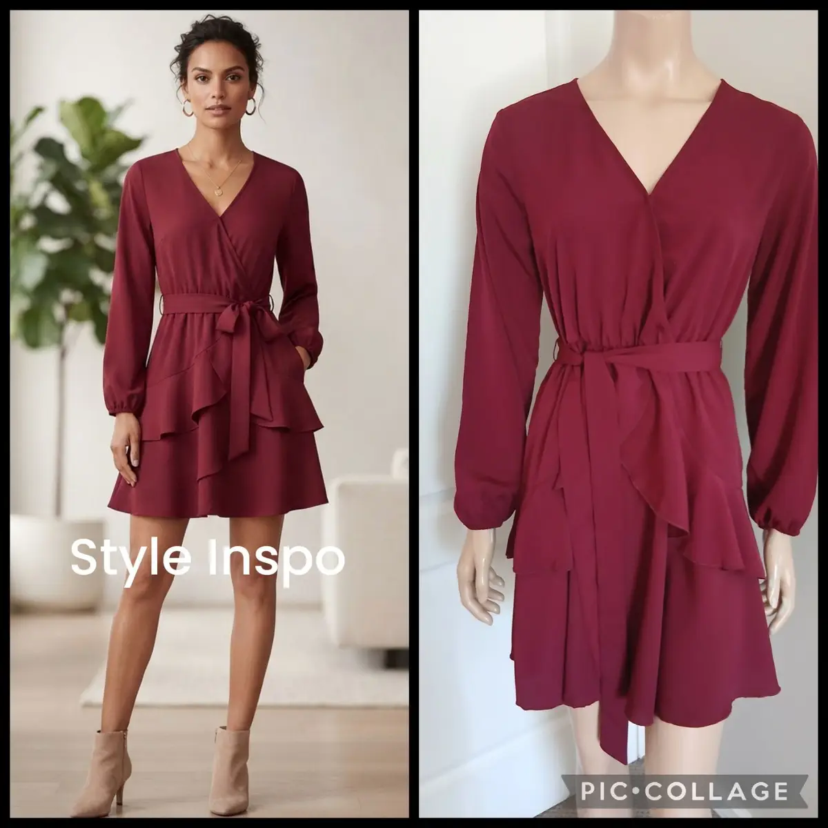 Maroon Long Sleeve Ruffle Wrap Dress
