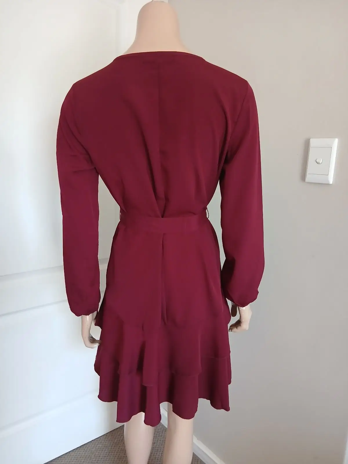 Maroon Long Sleeve Ruffle Wrap Dress
