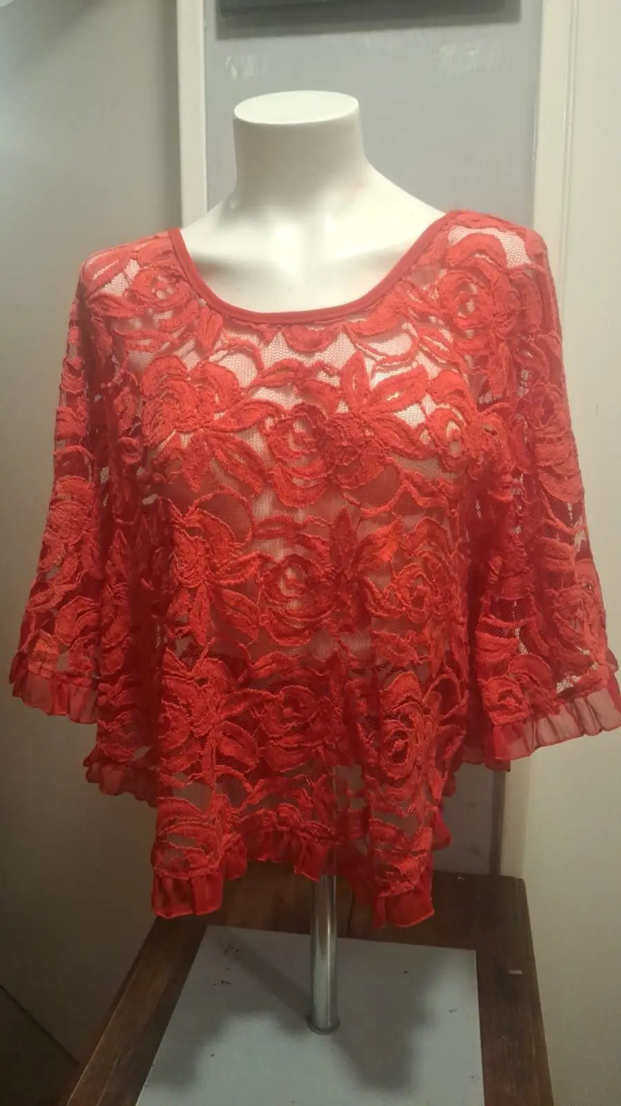 Red Floral Lace Overlay Top