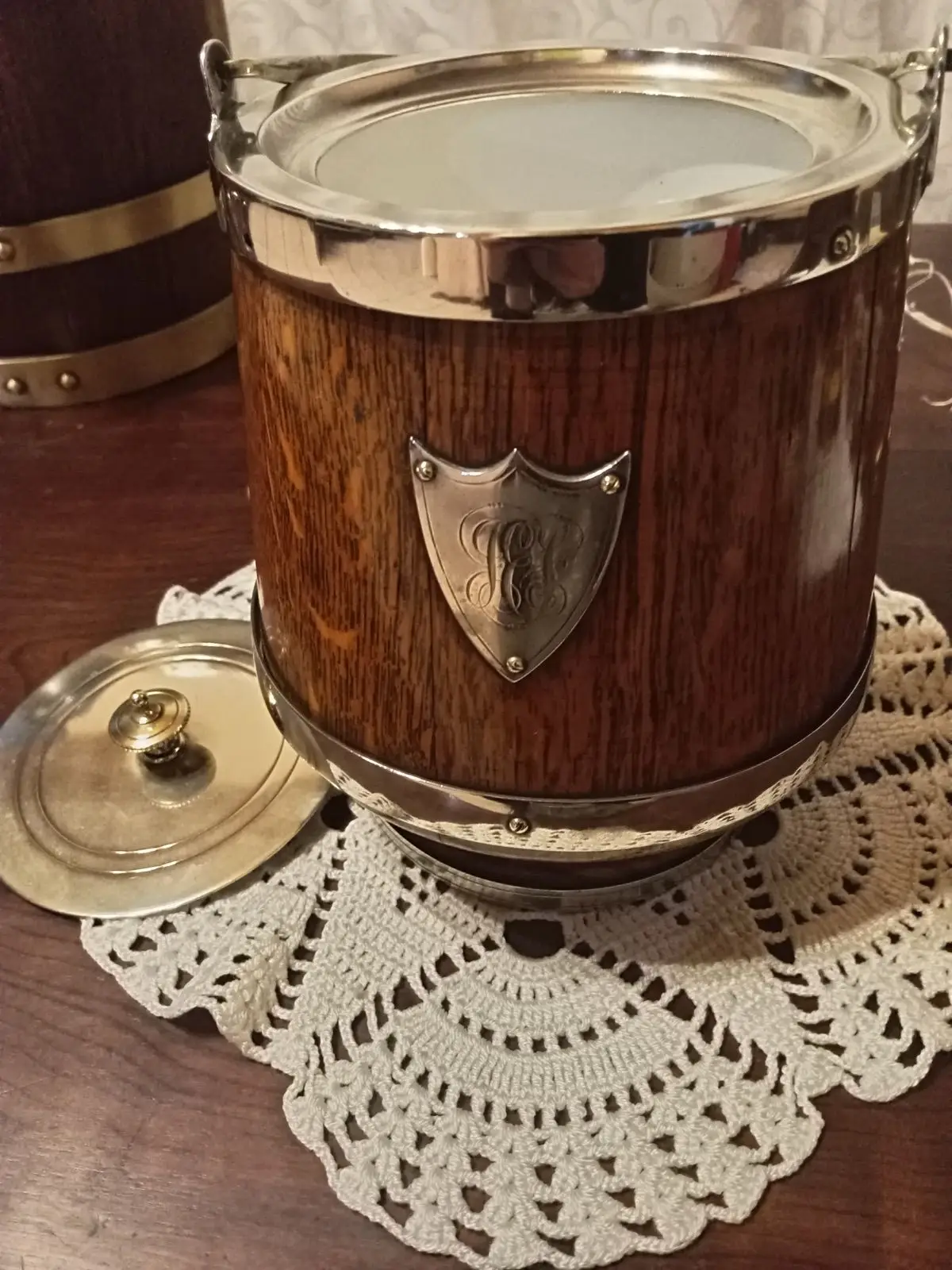 Vintage Wooden Ice Bucket with Silver Trim