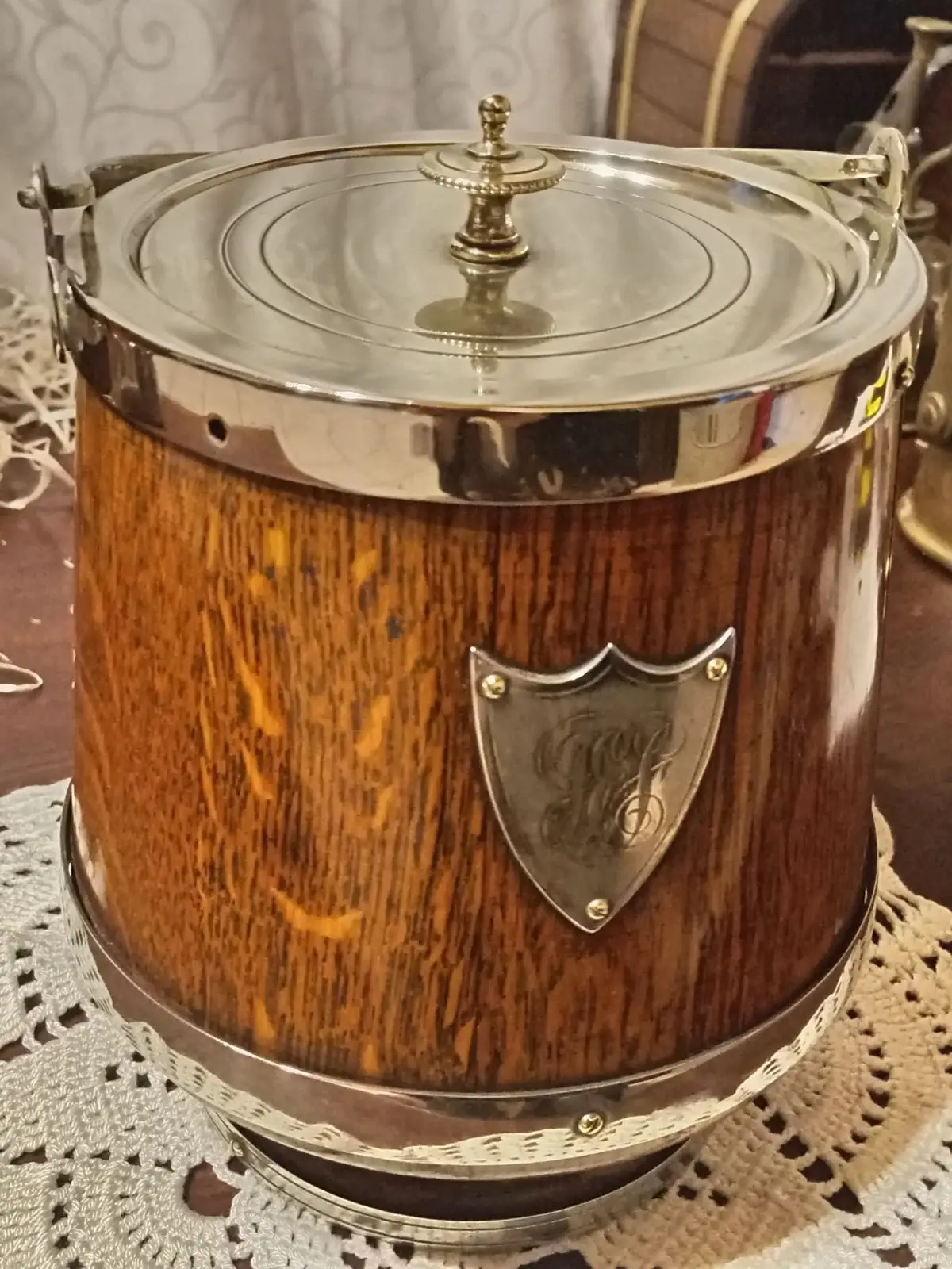 Vintage Wooden Ice Bucket with Silver Trim