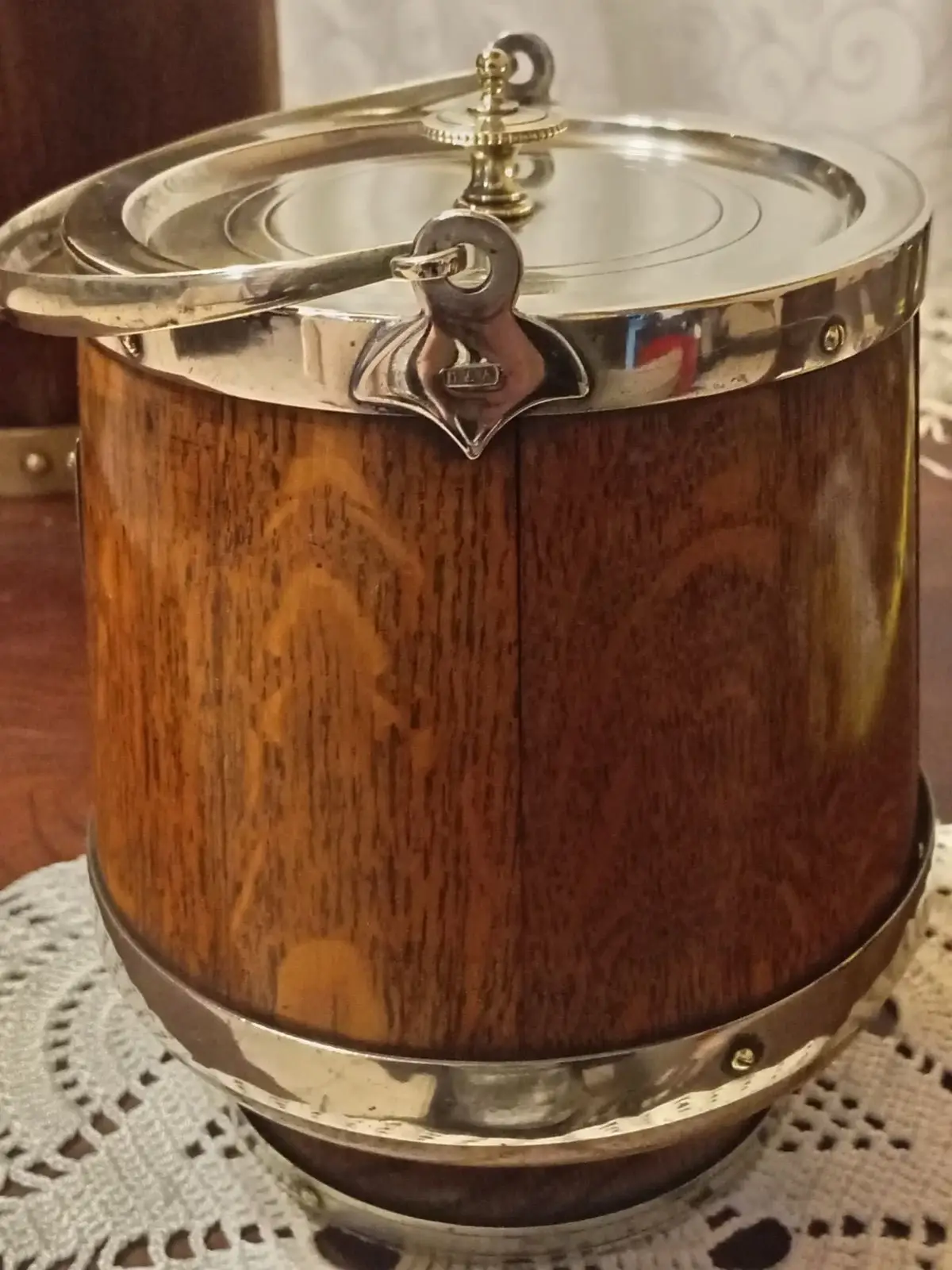 Vintage Wooden Ice Bucket with Silver Trim