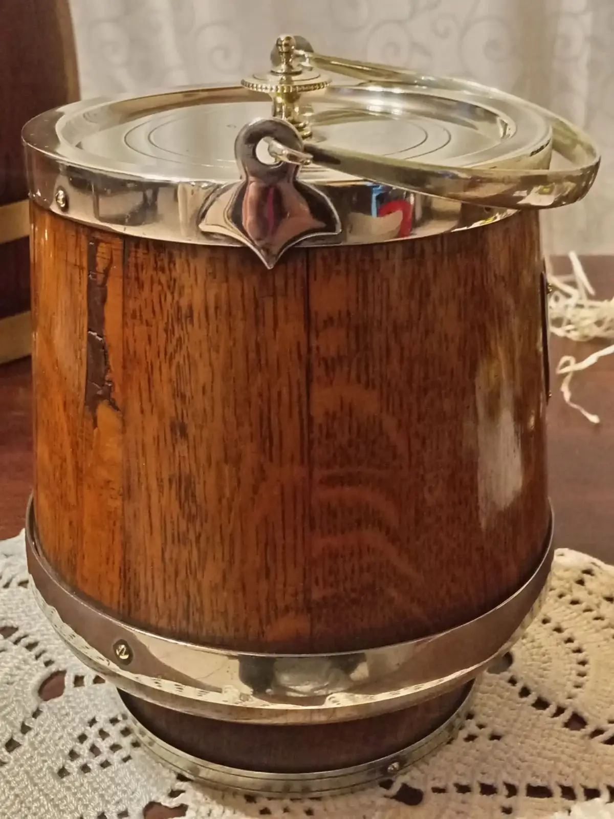 Vintage Wooden Ice Bucket with Silver Trim