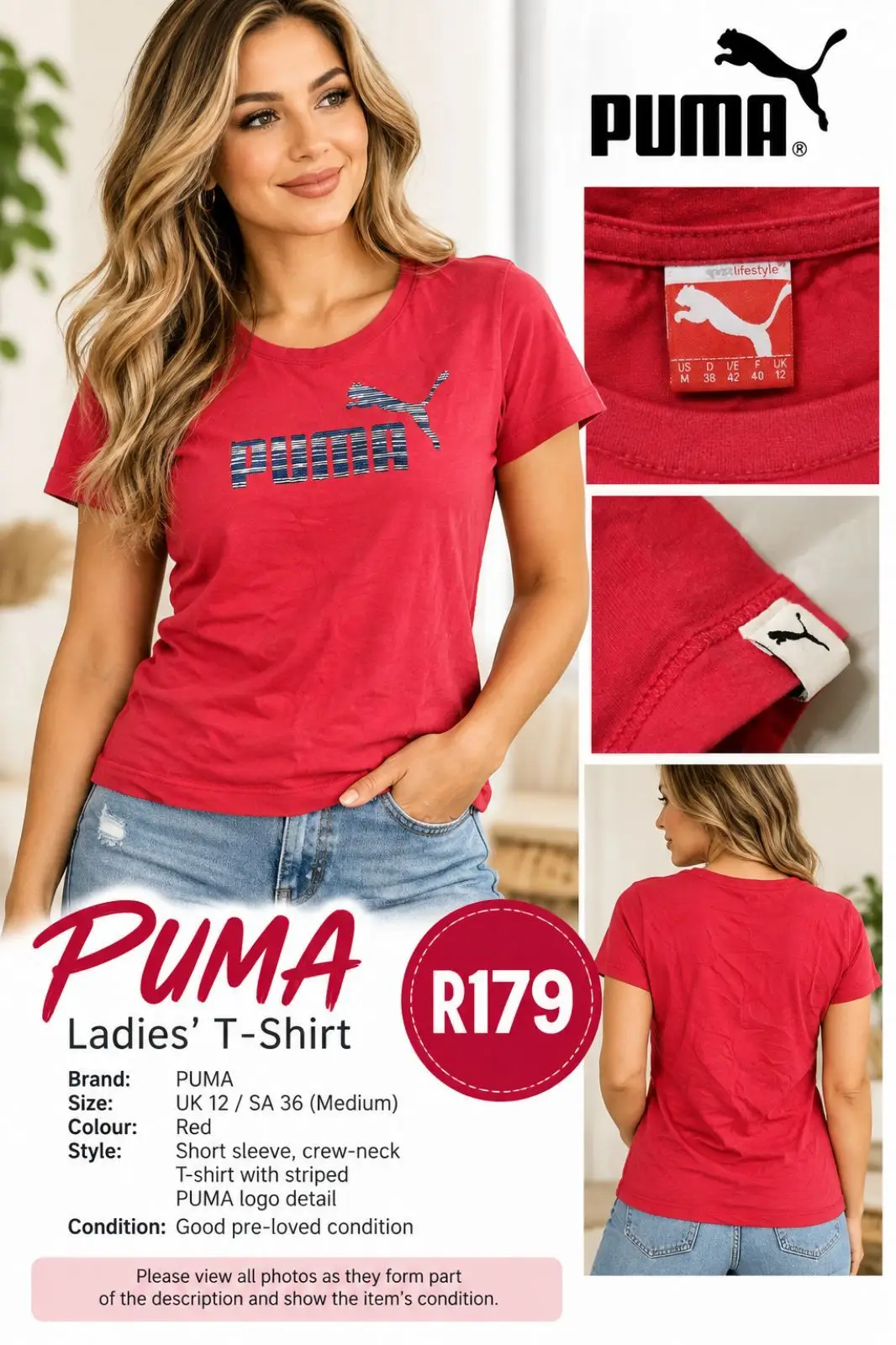 Puma Red Ladies T-Shirt with Striped Logo