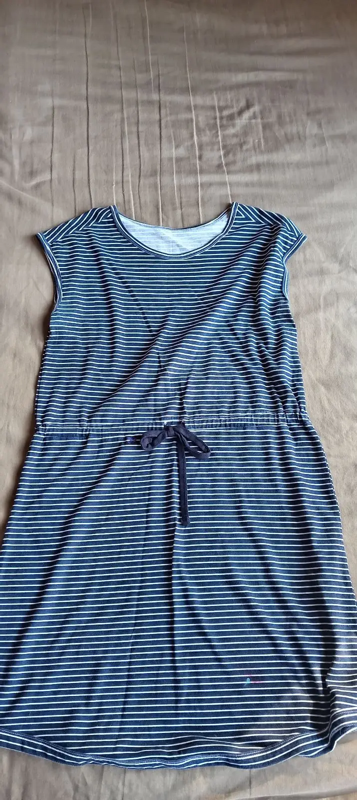Navy and White Striped Casual Dress with Drawstring Waist