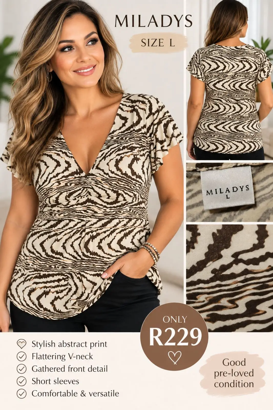 Miladys Abstract Print V-Neck Top Size L