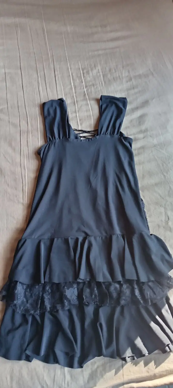 Black Tiered Sleeveless Dress with Lace Detail