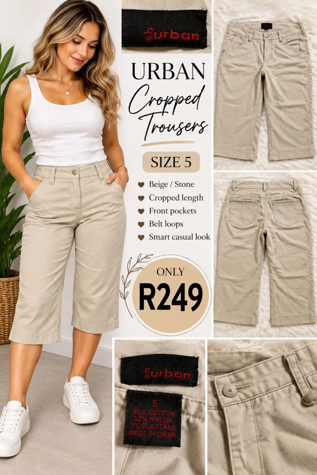 Urban Outfitters Furban Beige Cropped Trousers Size 5