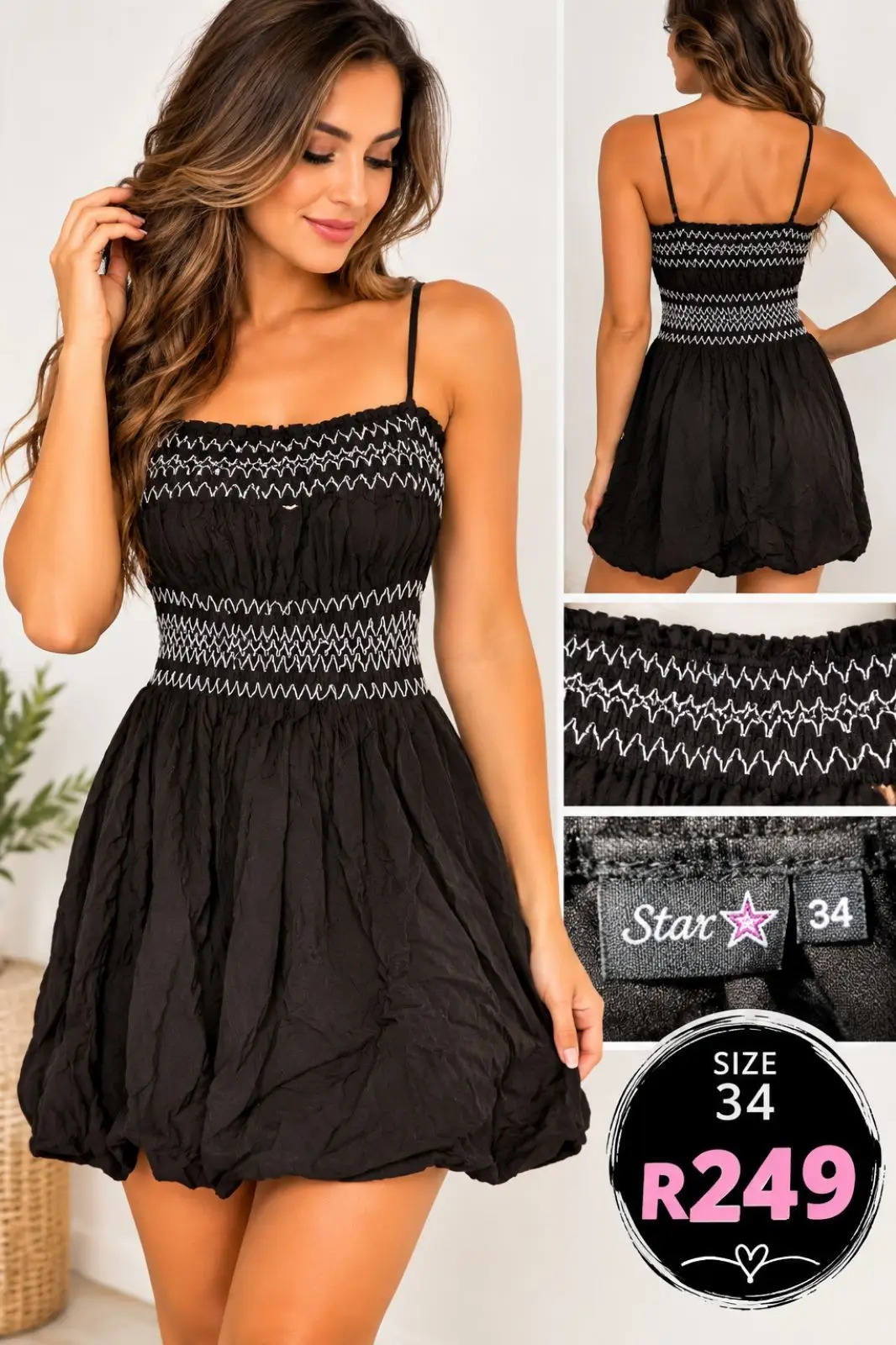 Star Black Smocked Mini Dress Size 34