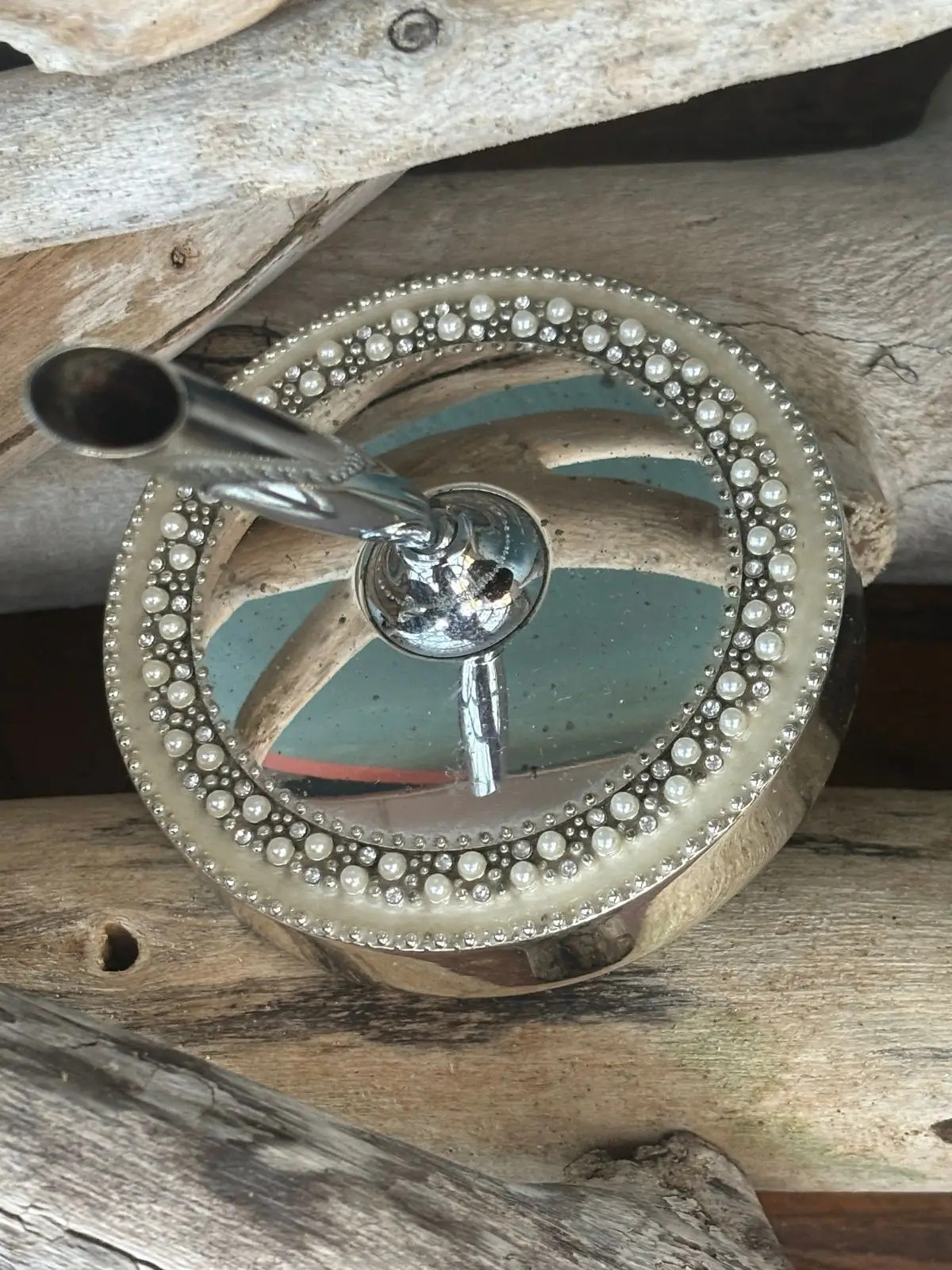 Silver-Tone Desk Pen Holder with Pearl Detail