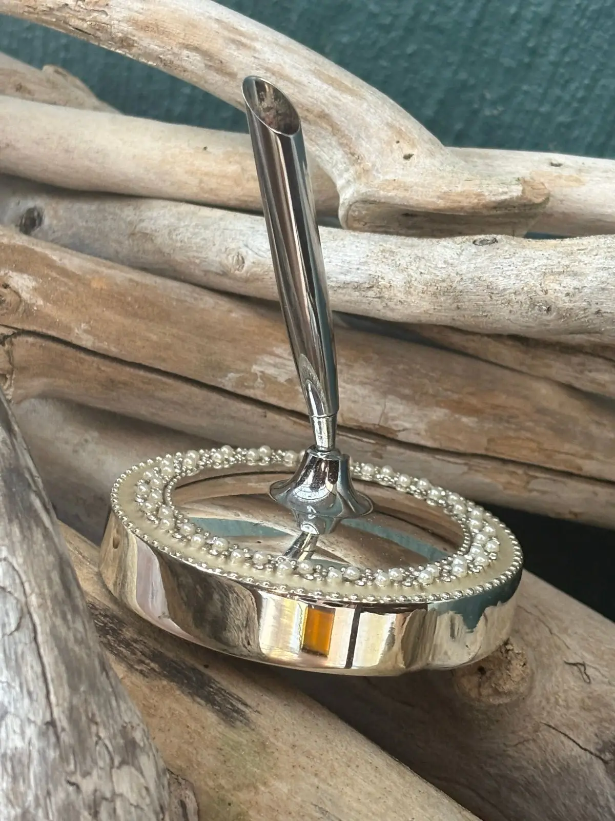 Silver-Tone Desk Pen Holder with Pearl Detail