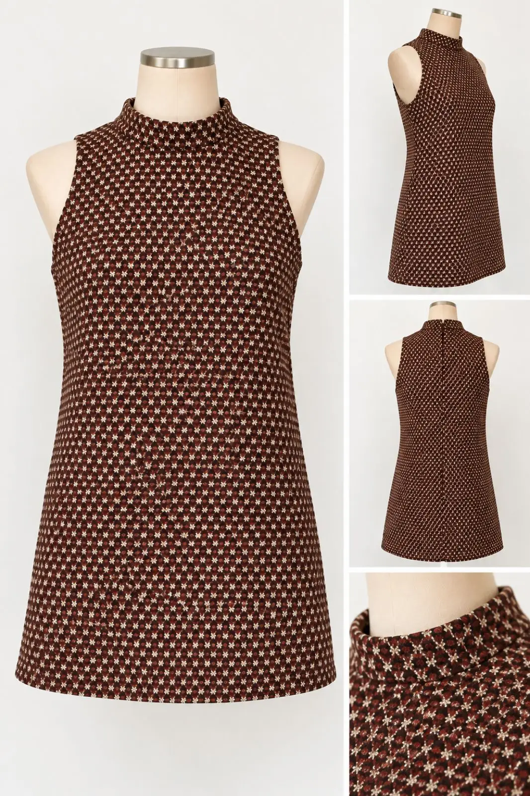 Brown Patterned Mock Neck Sleeveless Mini Dress