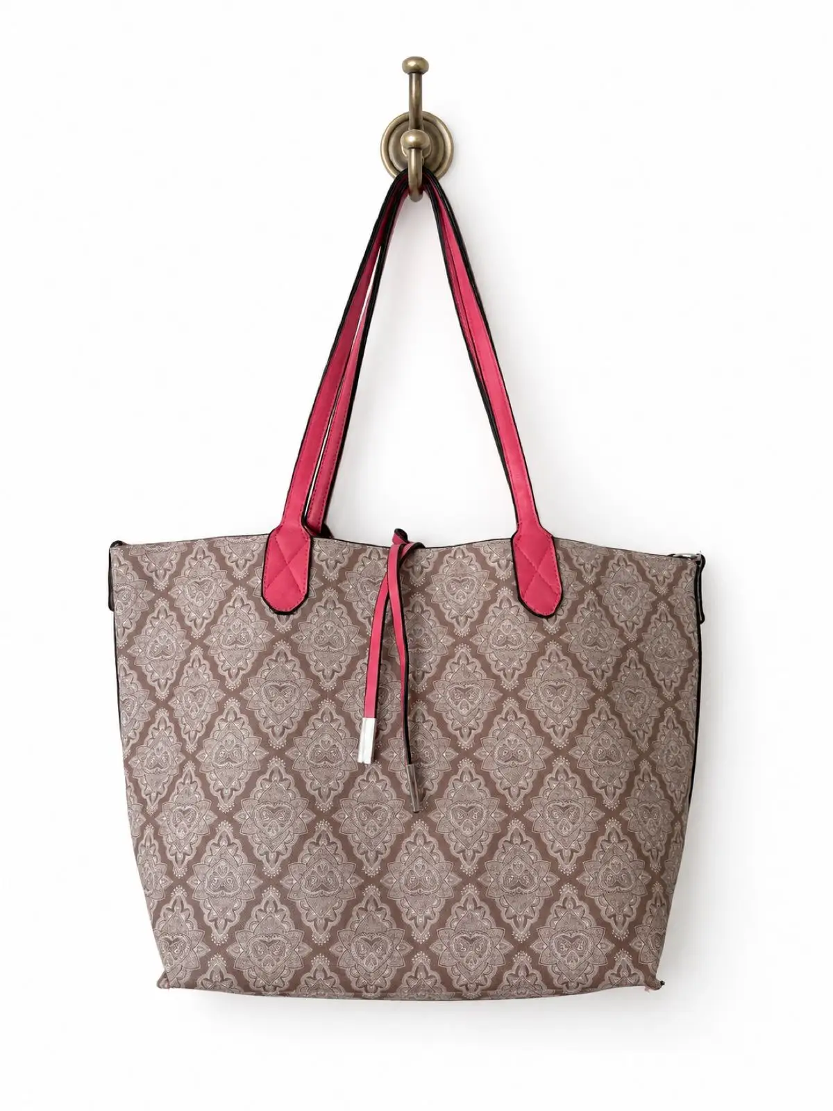 Patterned Tote Bag with Pink Straps