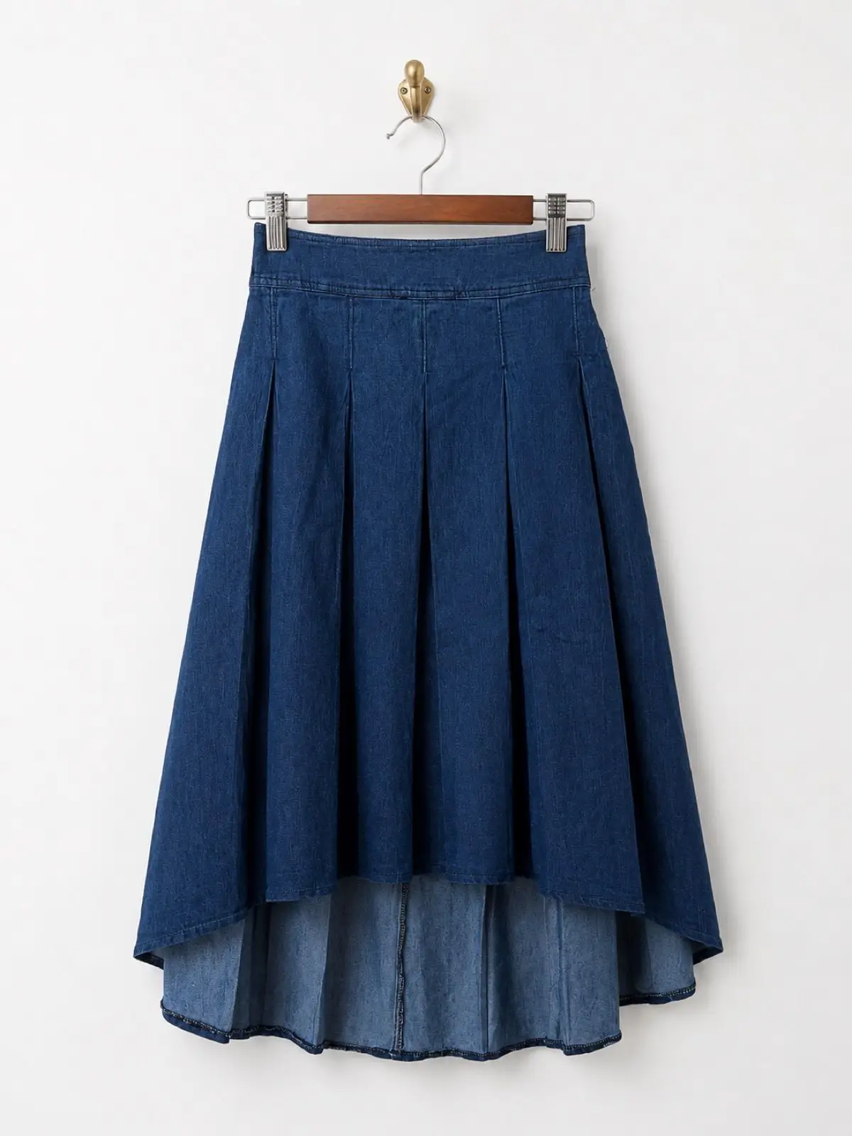 Pleated Denim High-Low Midi Skirt