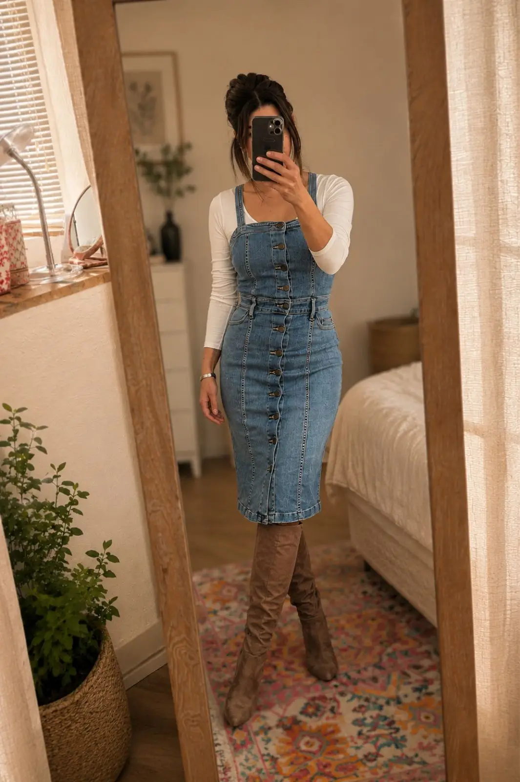Old Khaki Denim Button-Through Pinafore Dress