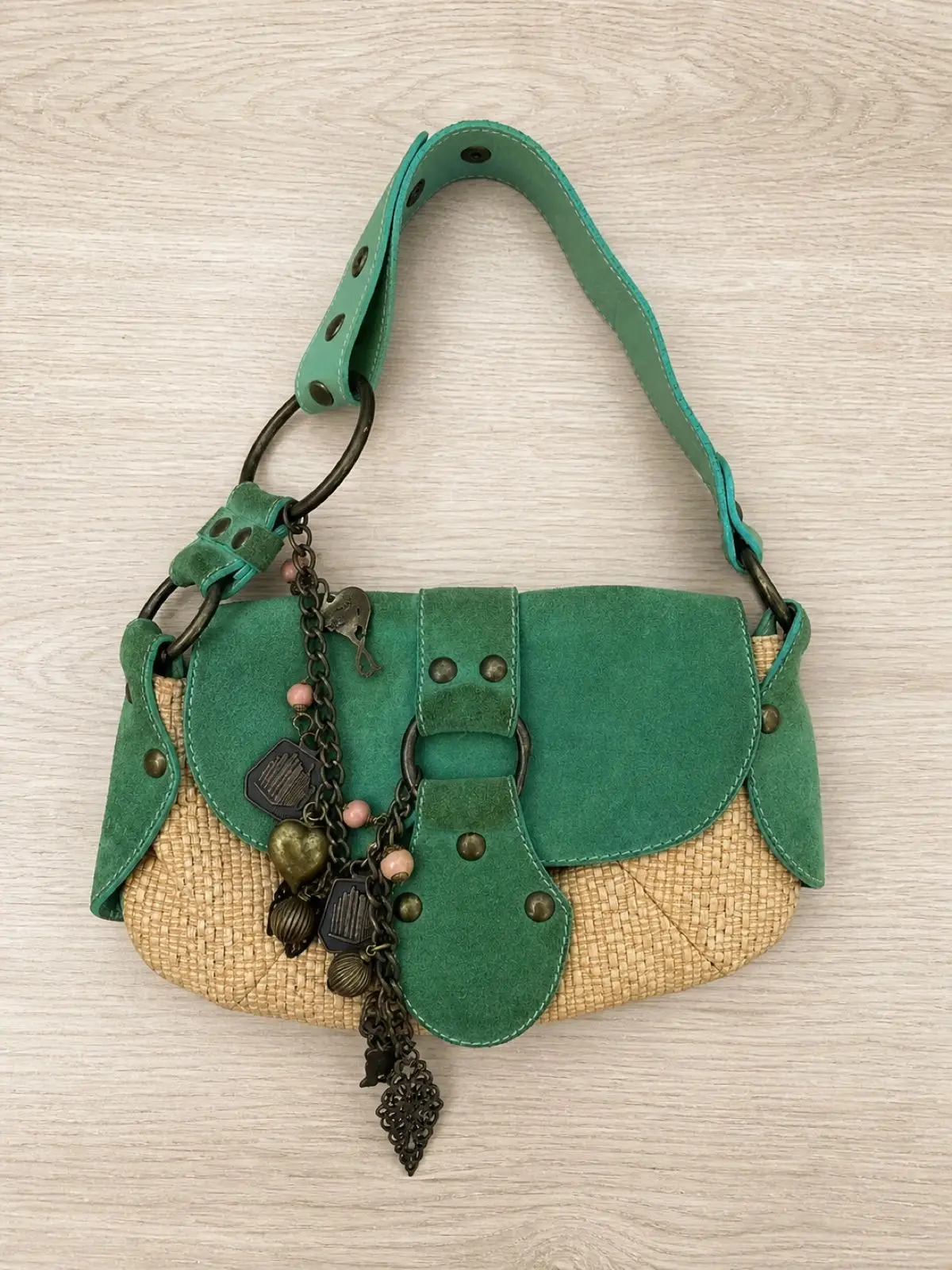 Green Suede and Woven Straw Shoulder Bag