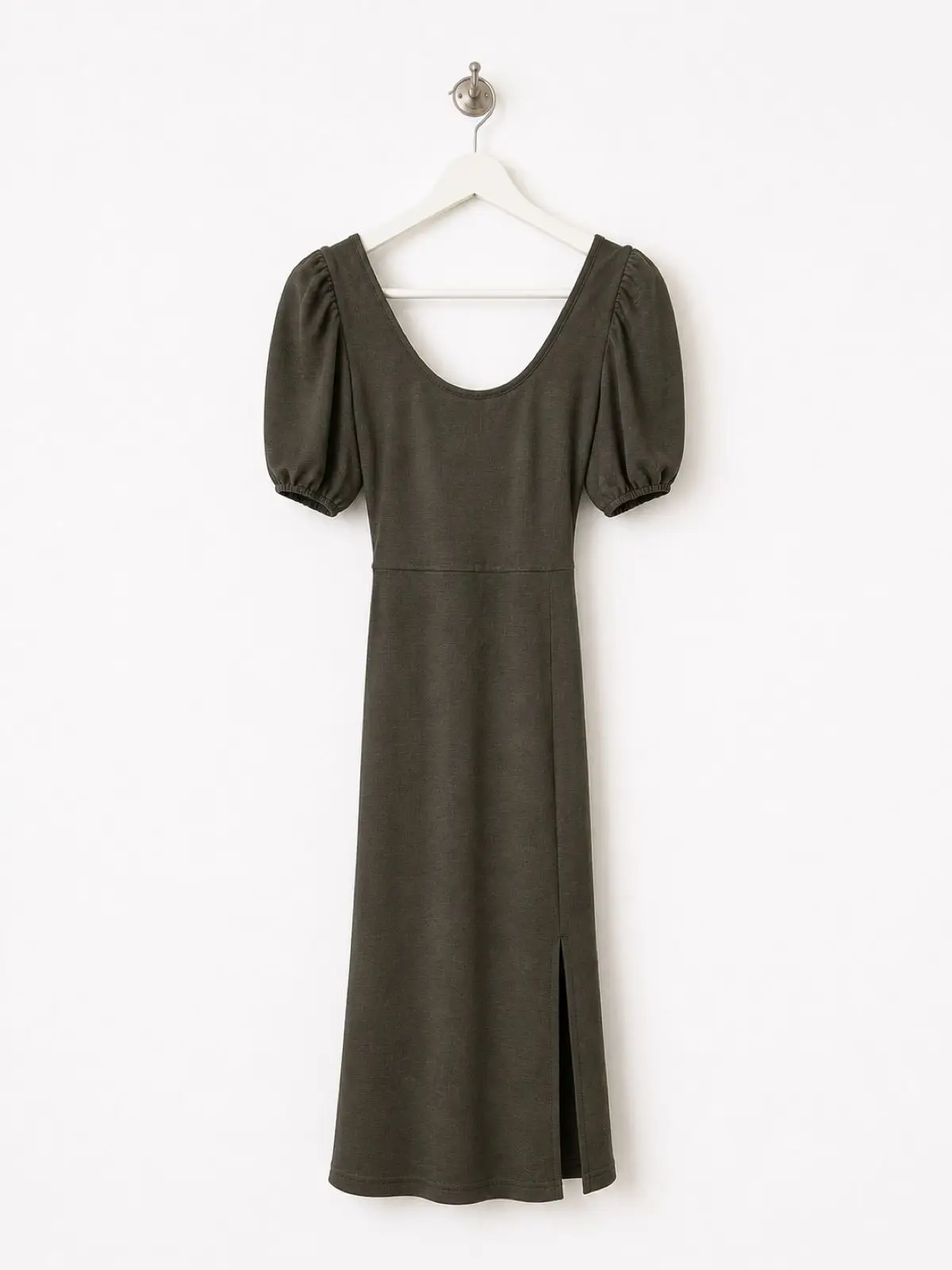 Olive Green Puff Sleeve Lace-Back Dress